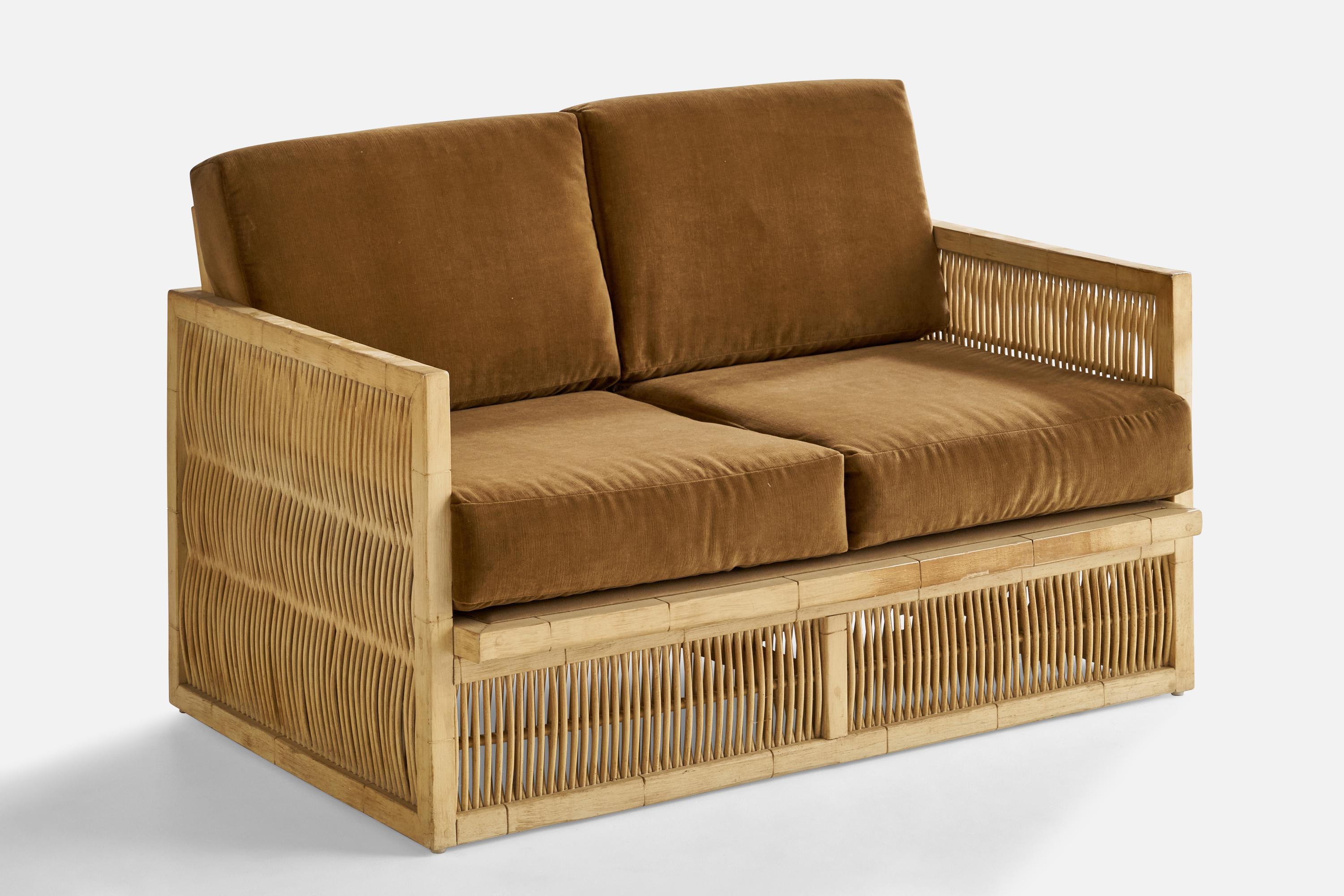 A cerused oak, bamboo and grey brown velvet sofa designed and produced in the US, 1960s.

Seat height: 17.25”