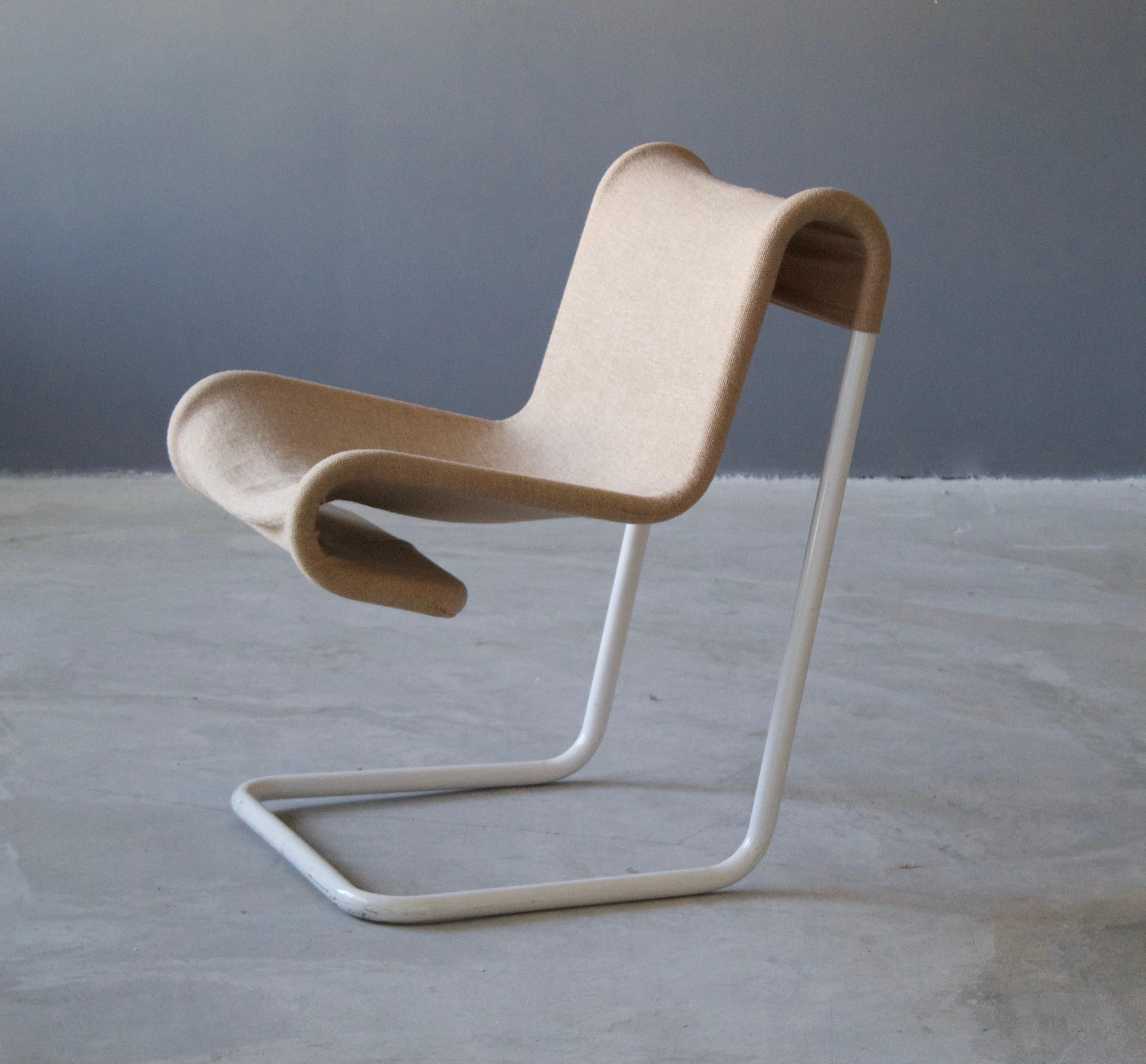 A side chair, designed and produced in the United States, circa 1960s-1970s. In white-lacquered tubular metal, original beige fabric.