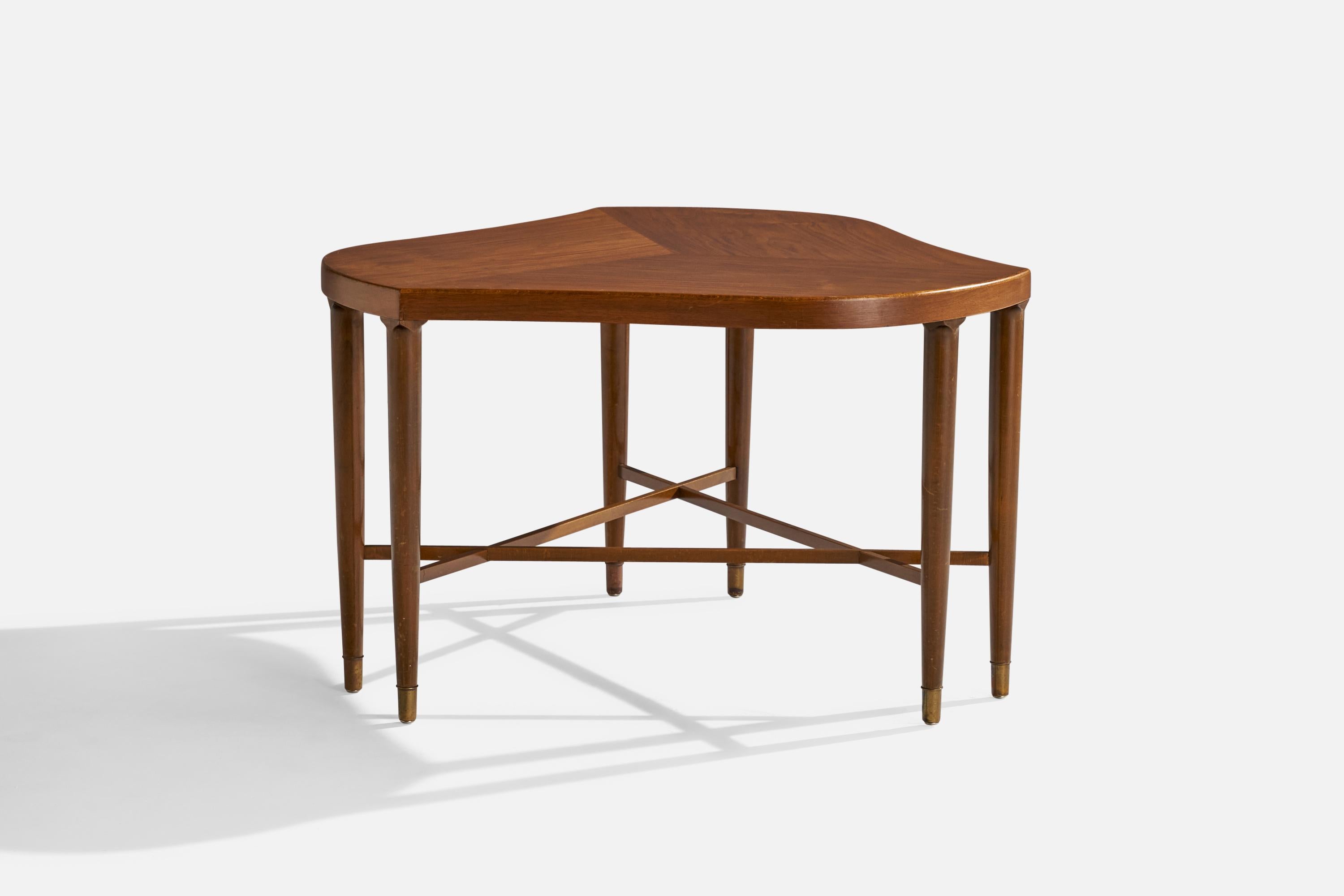 Scandinavian Modern American Designer, Side Table, Walnut, Brass, USA, 1954 For Sale