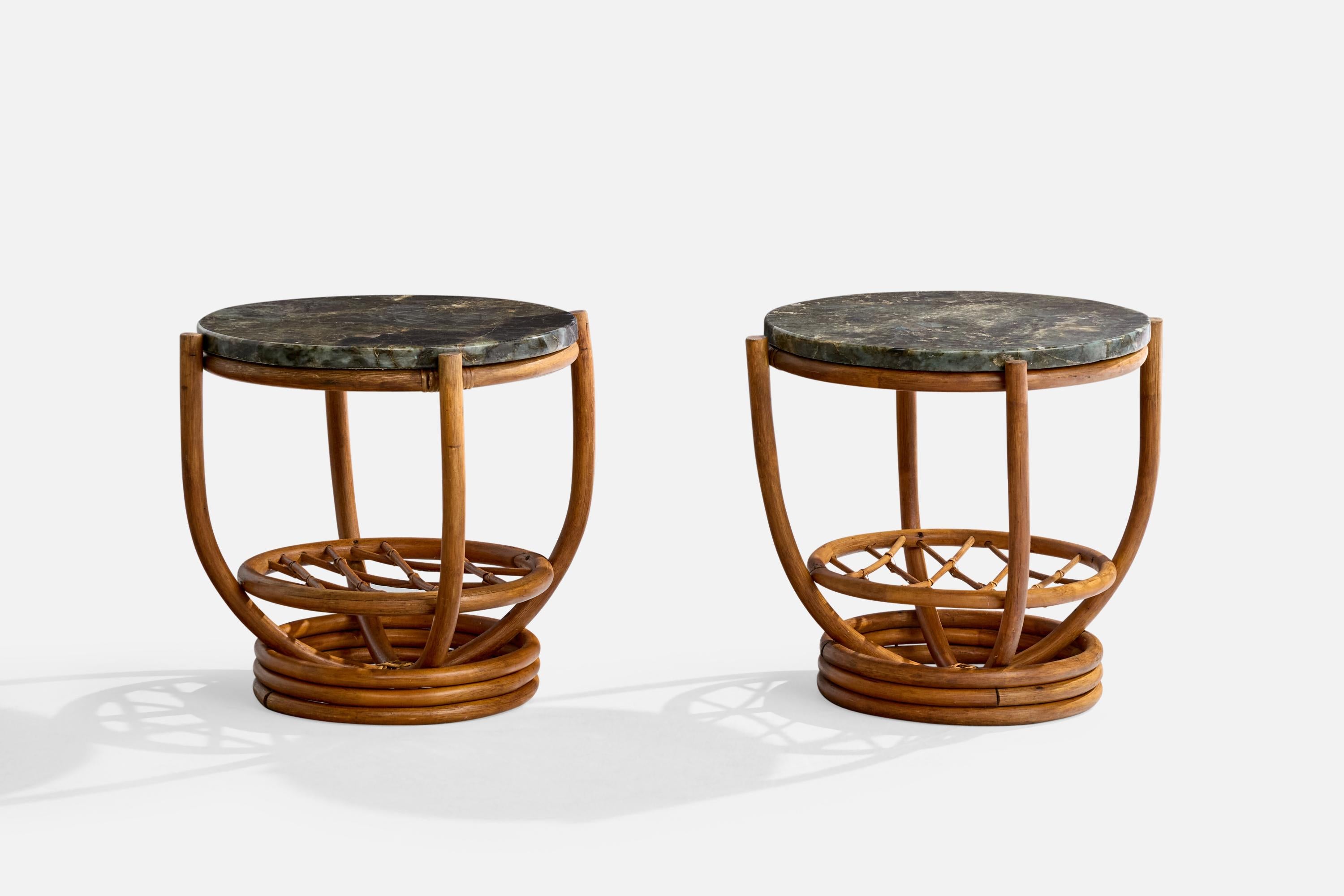 A pair of bamboo, rattan and marble side tables designed and produced in the US, c. 1950s.

Wear consistent with age and use. 

Replaced marble tops.

Overall Dimensions (inches): 20.25