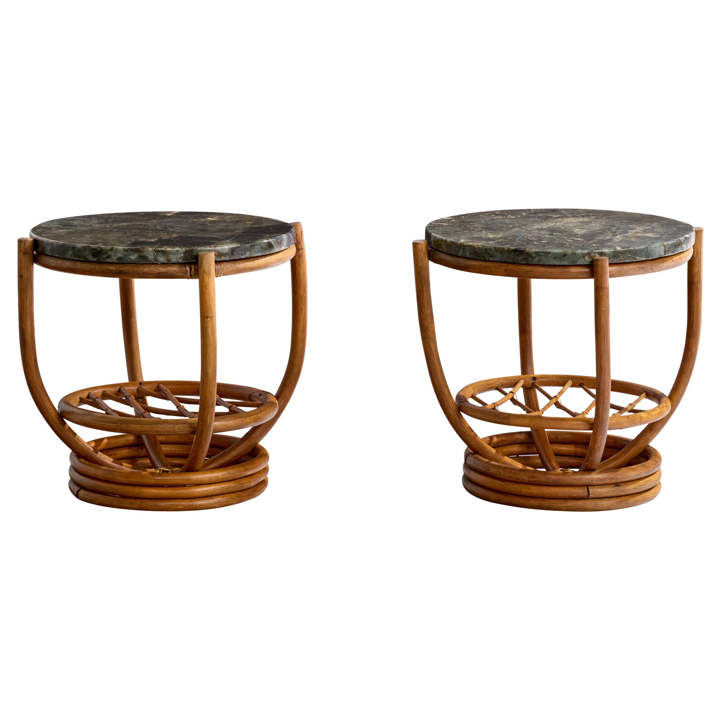 American Designer, Side Tables, Bamboo, Marble, USA, 1950s For Sale