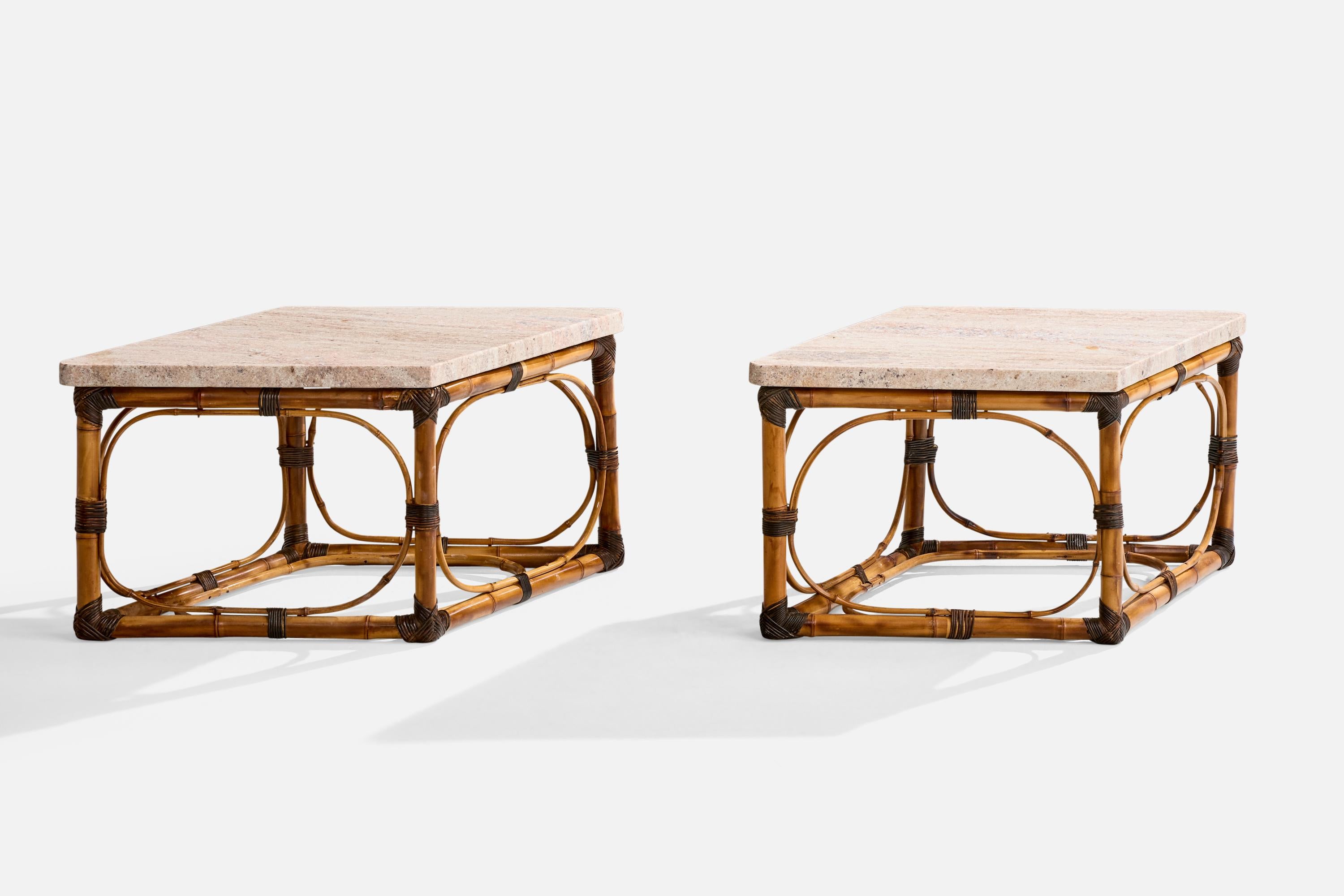 A pair of bamboo rattan and marble side tables designed and produced in the US, c. 1950s.

Overall Dimensions (inches): 15.5