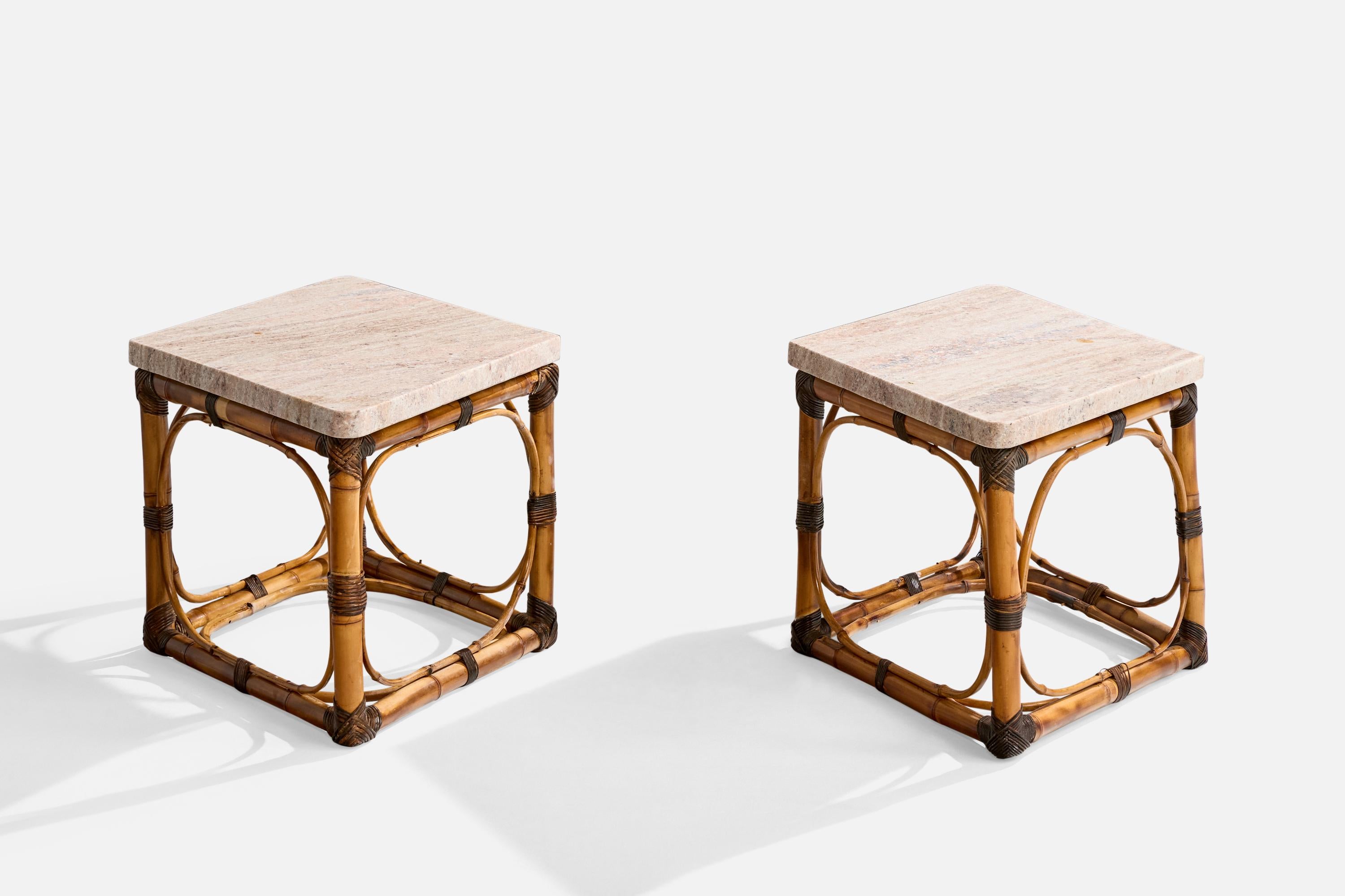 Mid-Century Modern American Designer, Side Tables, Bamboo, Rattan, Marble, USA, 1950s For Sale