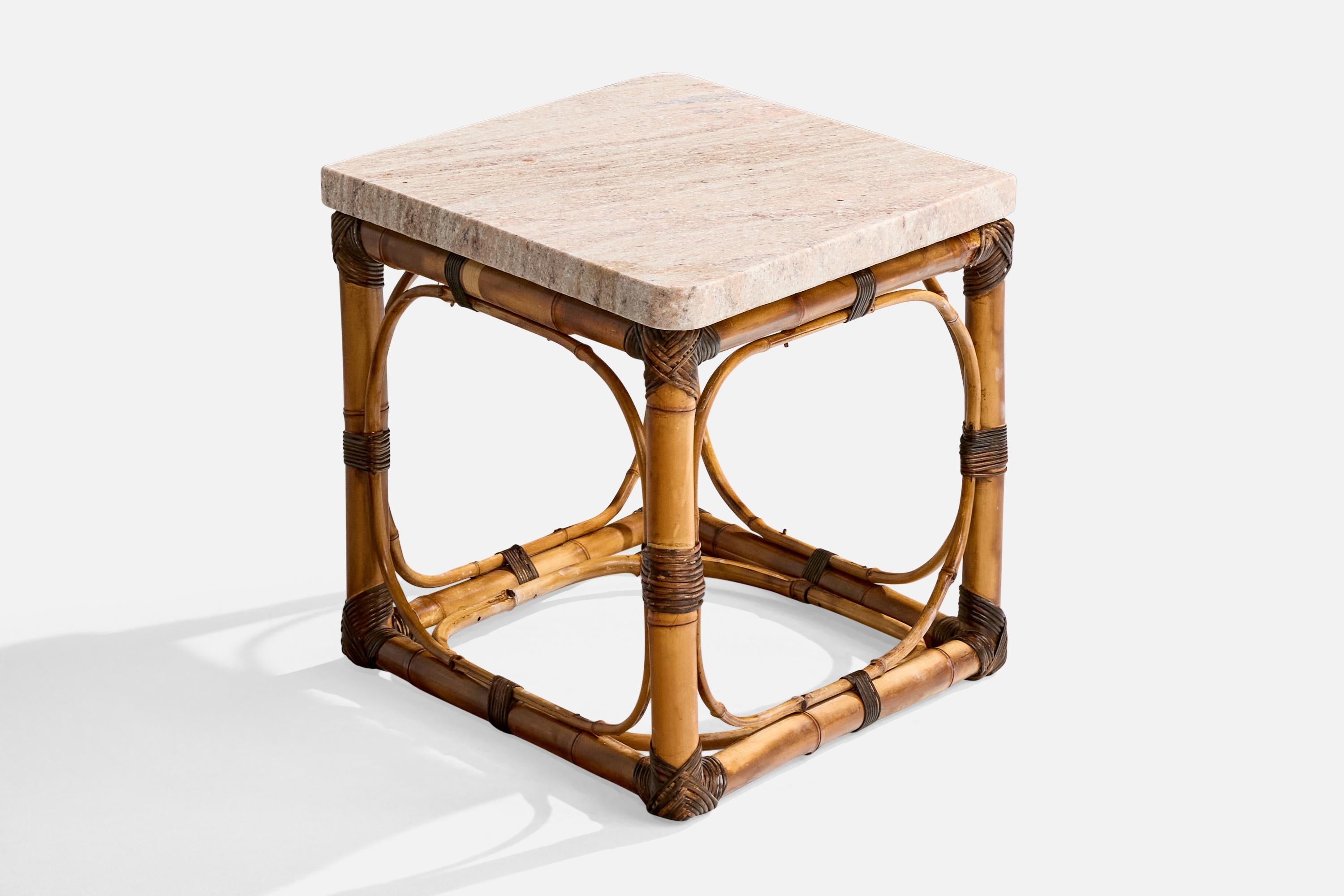 Mid-20th Century American Designer, Side Tables, Bamboo, Rattan, Marble, USA, 1950s For Sale