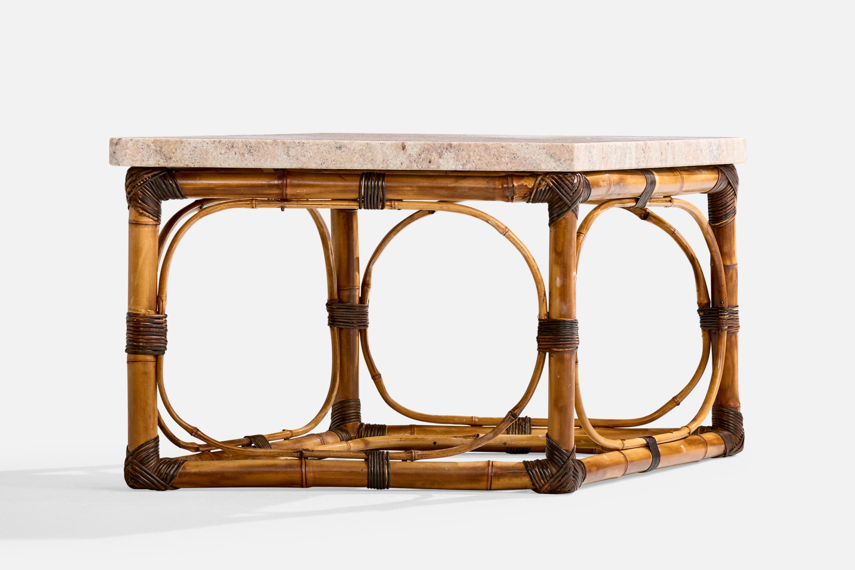 American Designer, Side Tables, Bamboo, Rattan, Marble, USA, 1950s For Sale 1