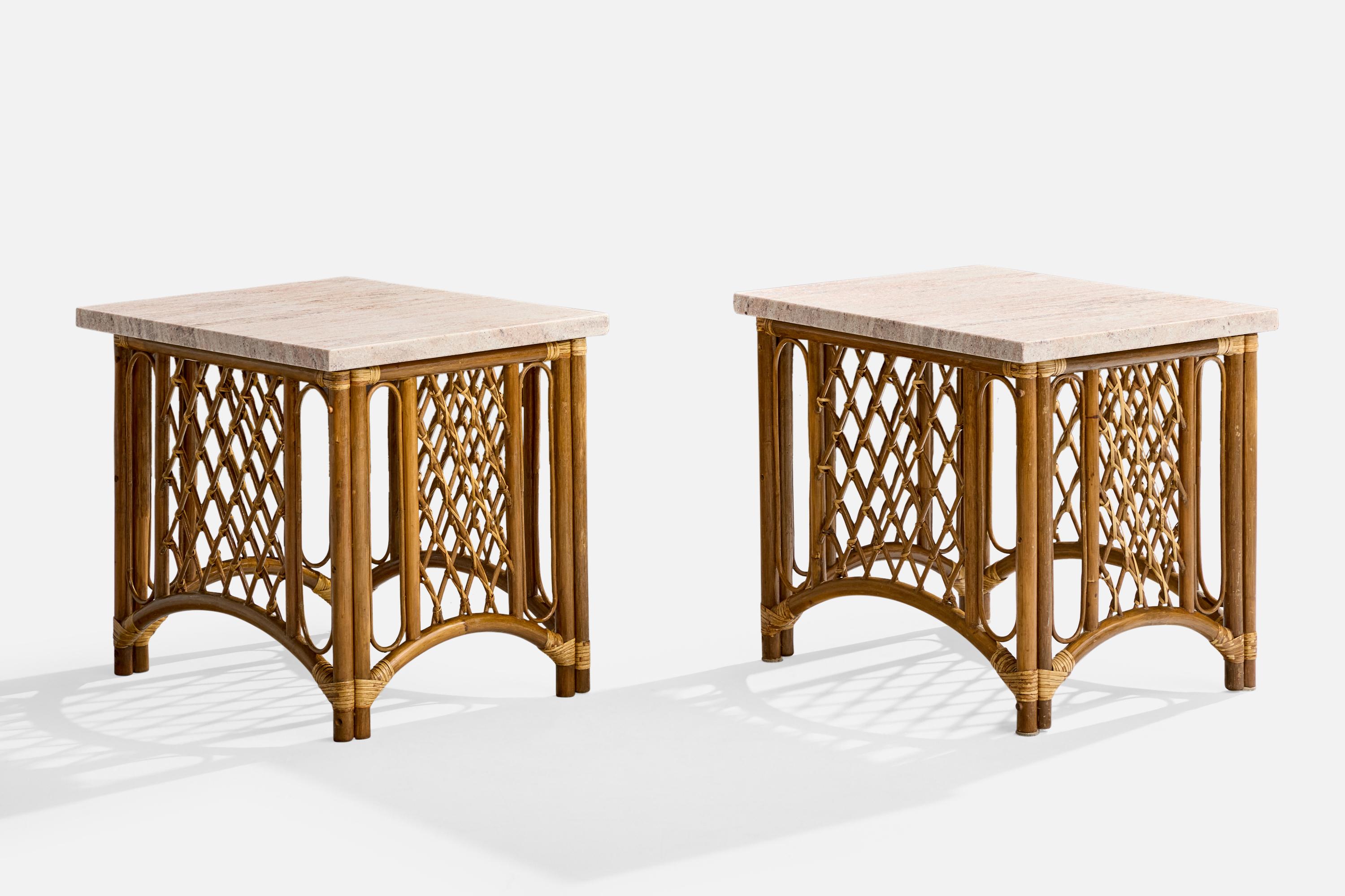 A pair of bamboo, rattan and marble side tables designed and produced in the US, c. 1960s.

Overall Dimensions (inches): 22.5