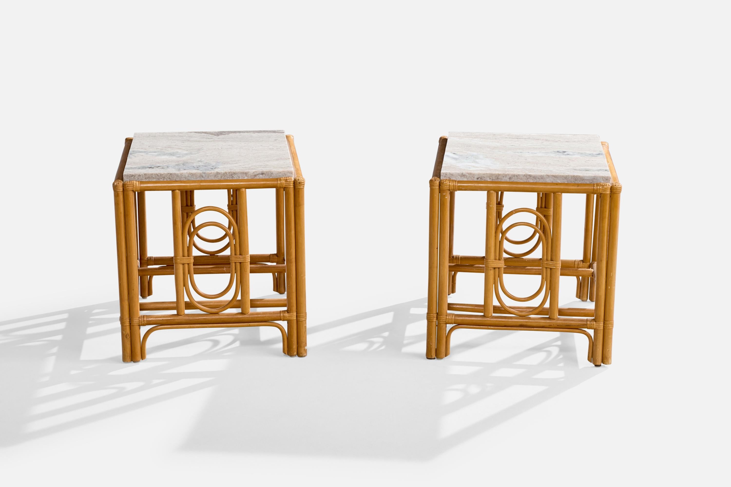 Mid-Century Modern Designer américain, tables d'appoint, bambou, rotin, marbre, États-Unis, années 1960 en vente