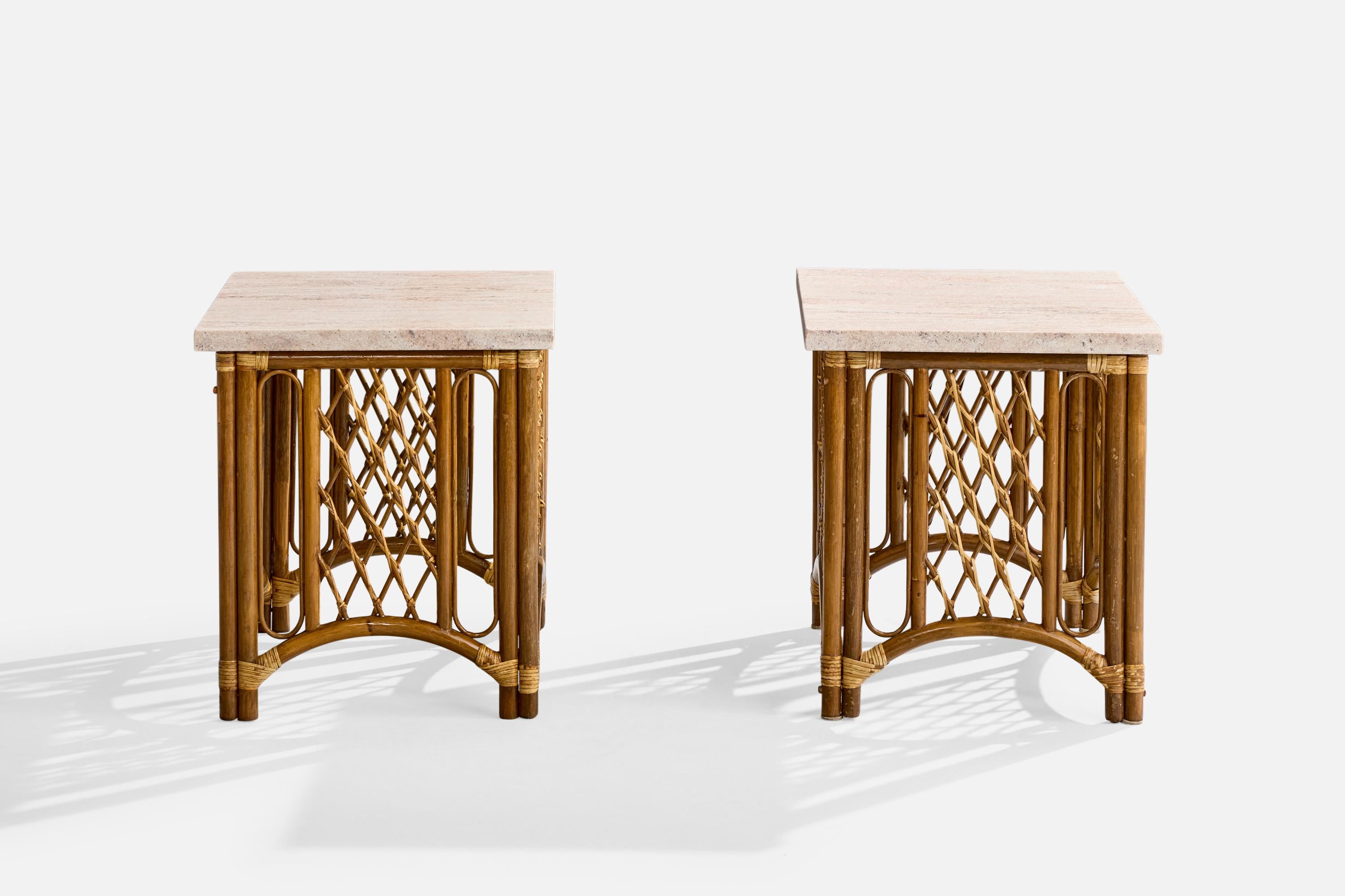 Mid-Century Modern American Designer, Side Tables, Bamboo, Rattan, Marble, USA, 1960s For Sale