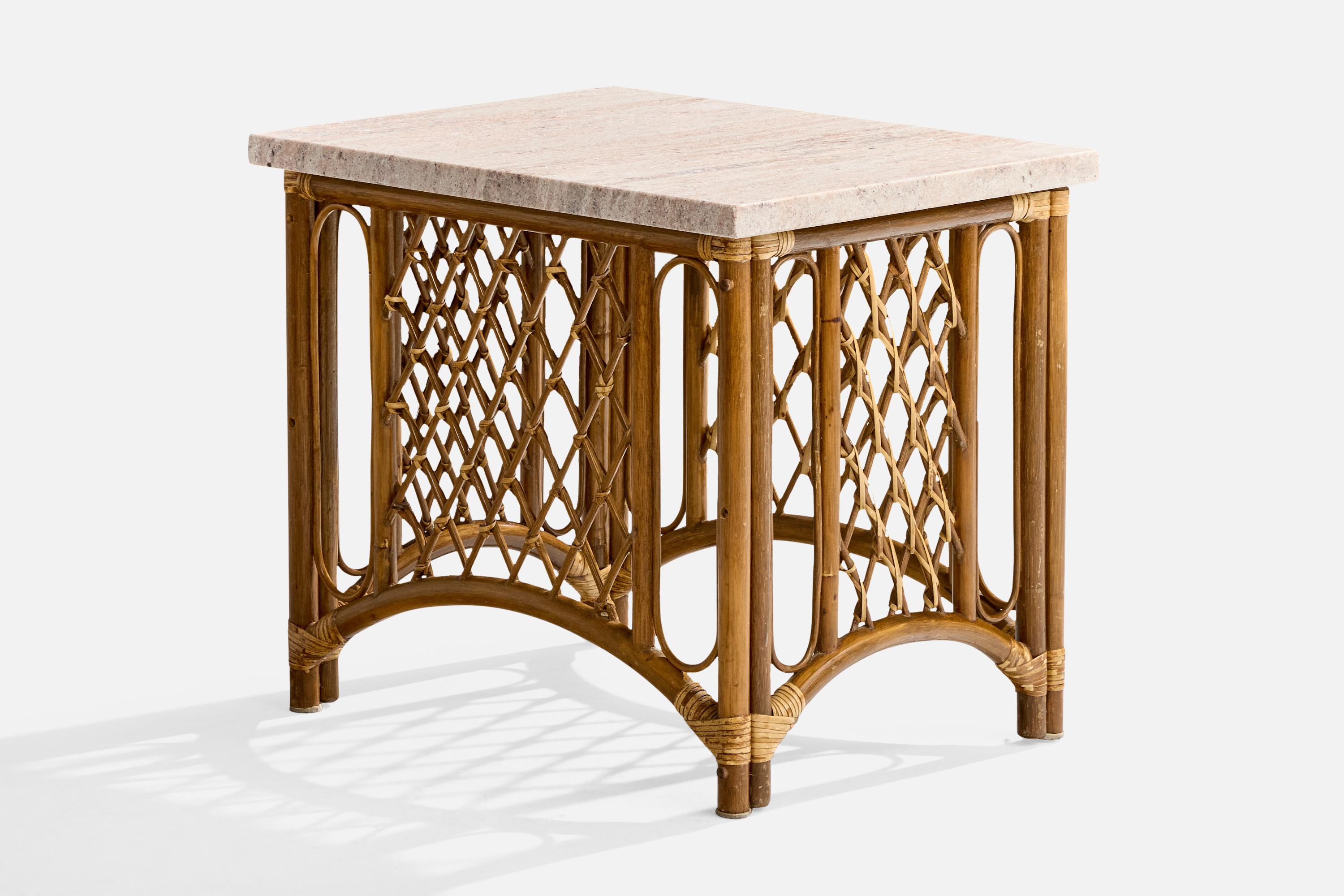 American Designer, Side Tables, Bamboo, Rattan, Marble, USA, 1960s In Good Condition For Sale In High Point, NC