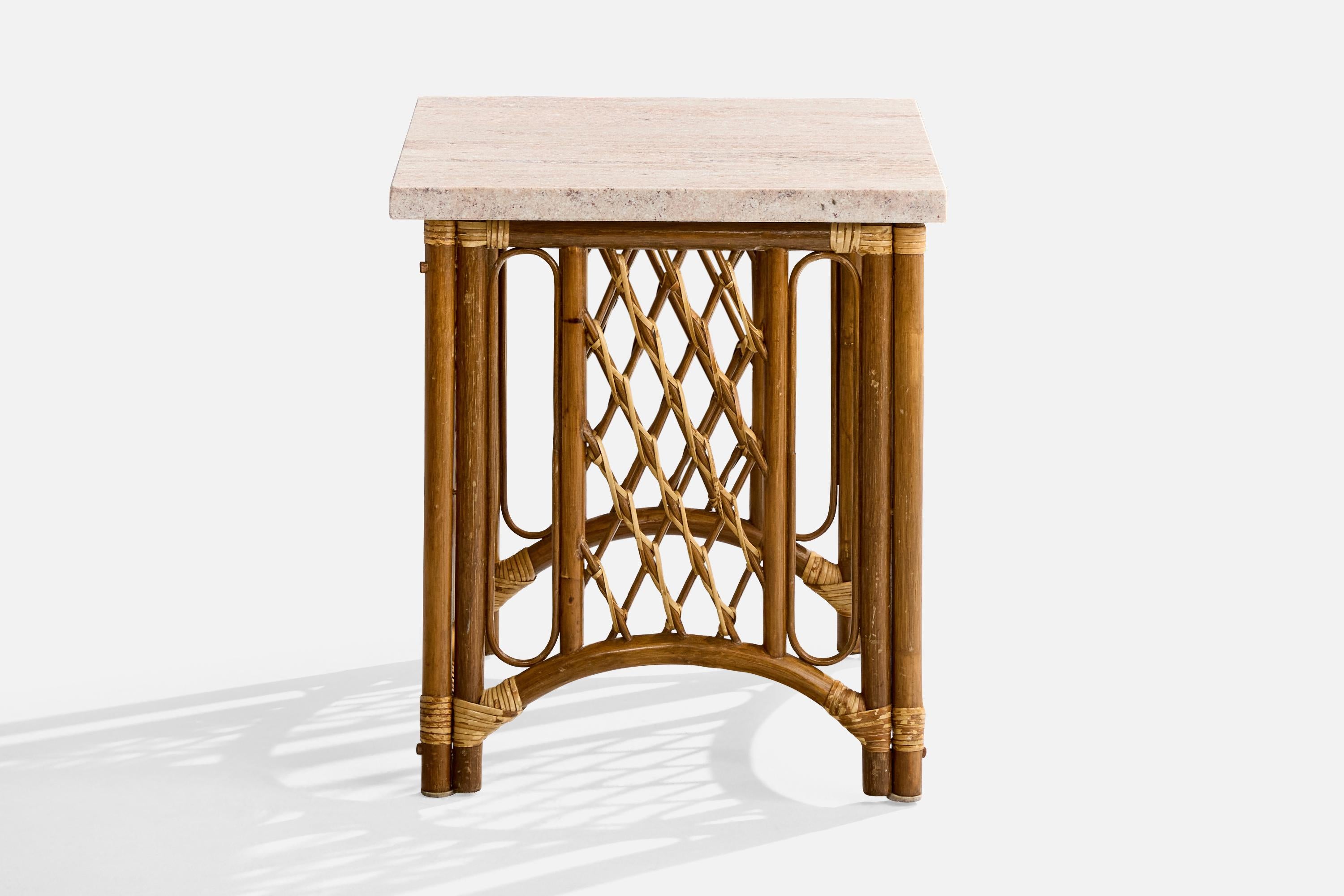 Mid-20th Century American Designer, Side Tables, Bamboo, Rattan, Marble, USA, 1960s For Sale
