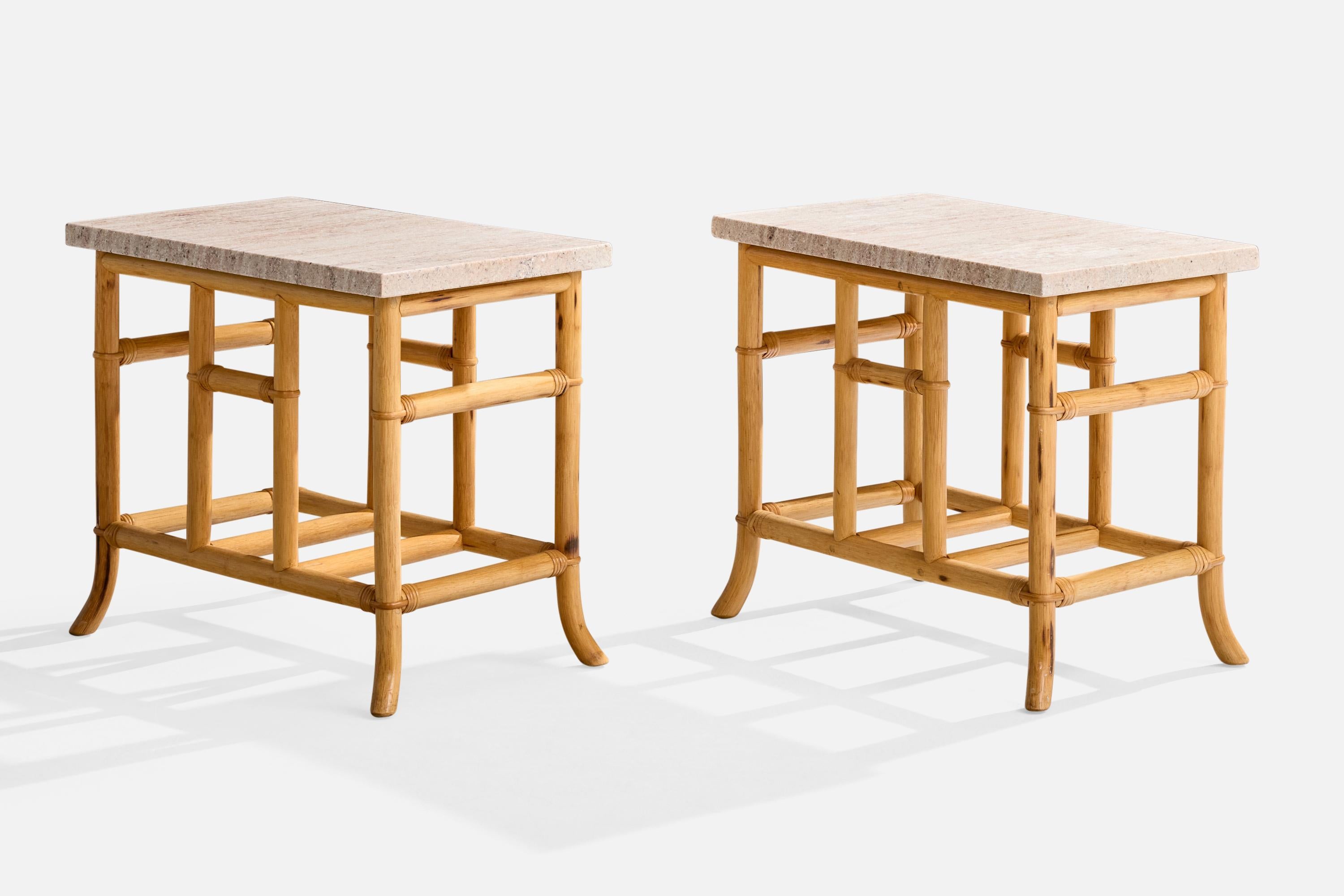 A pair of bamboo, rattan and marble side tables designed and produced in the US, c. 1970s.

Overall Dimensions (inches): 22.375