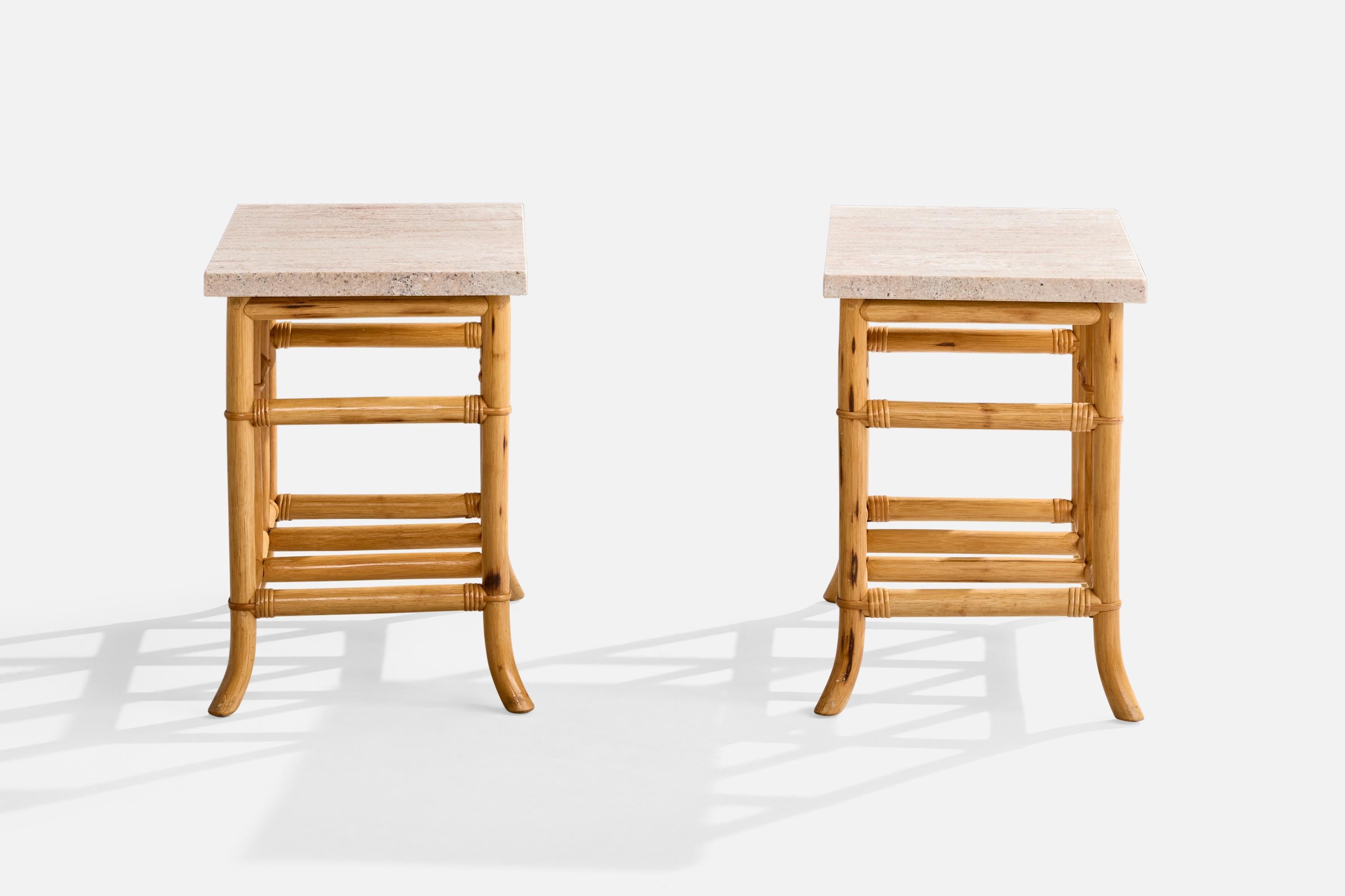 Mid-Century Modern American Designer, Side Tables, Bamboo, Rattan, Marble, USA, 1970s For Sale