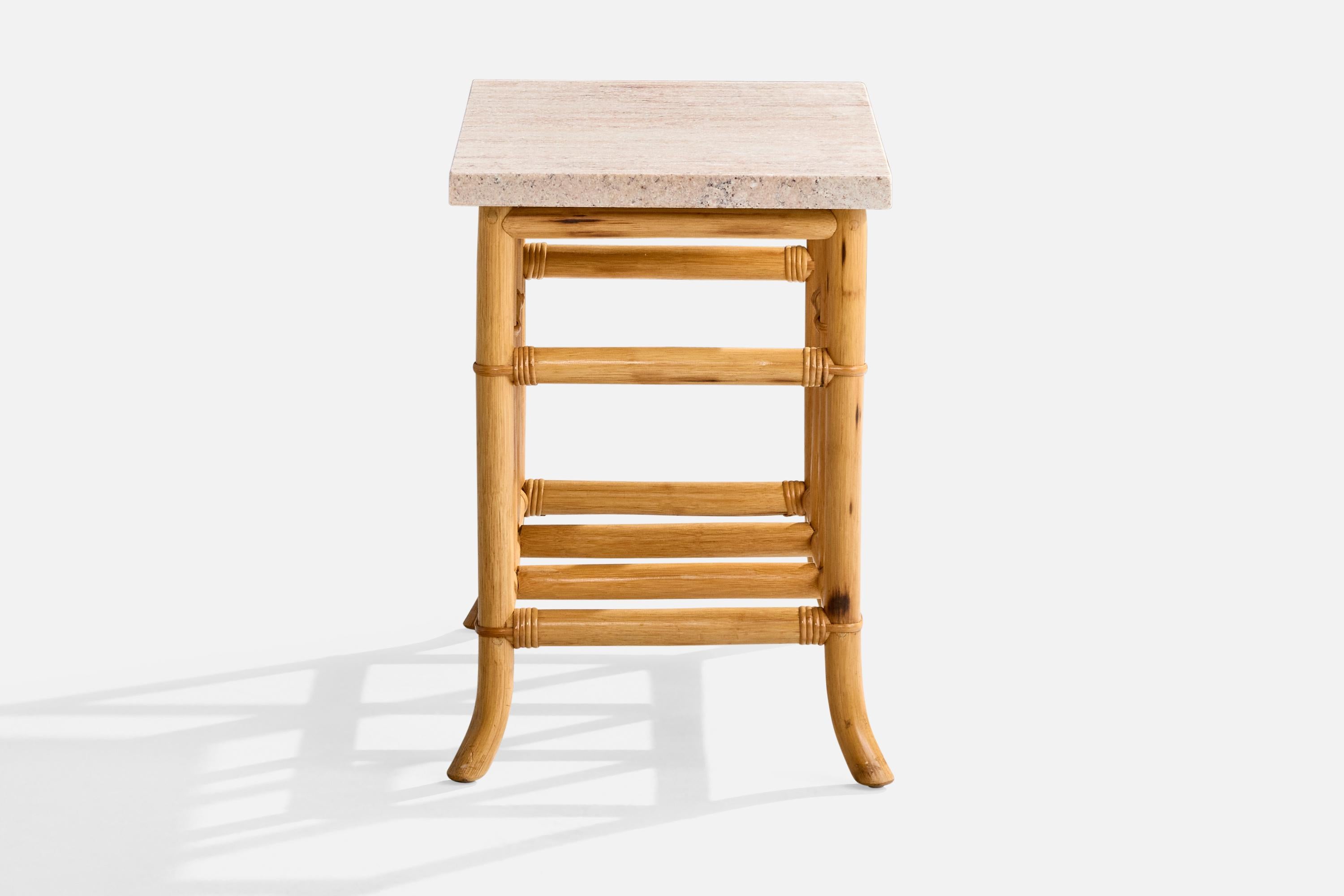 Late 20th Century American Designer, Side Tables, Bamboo, Rattan, Marble, USA, 1970s For Sale