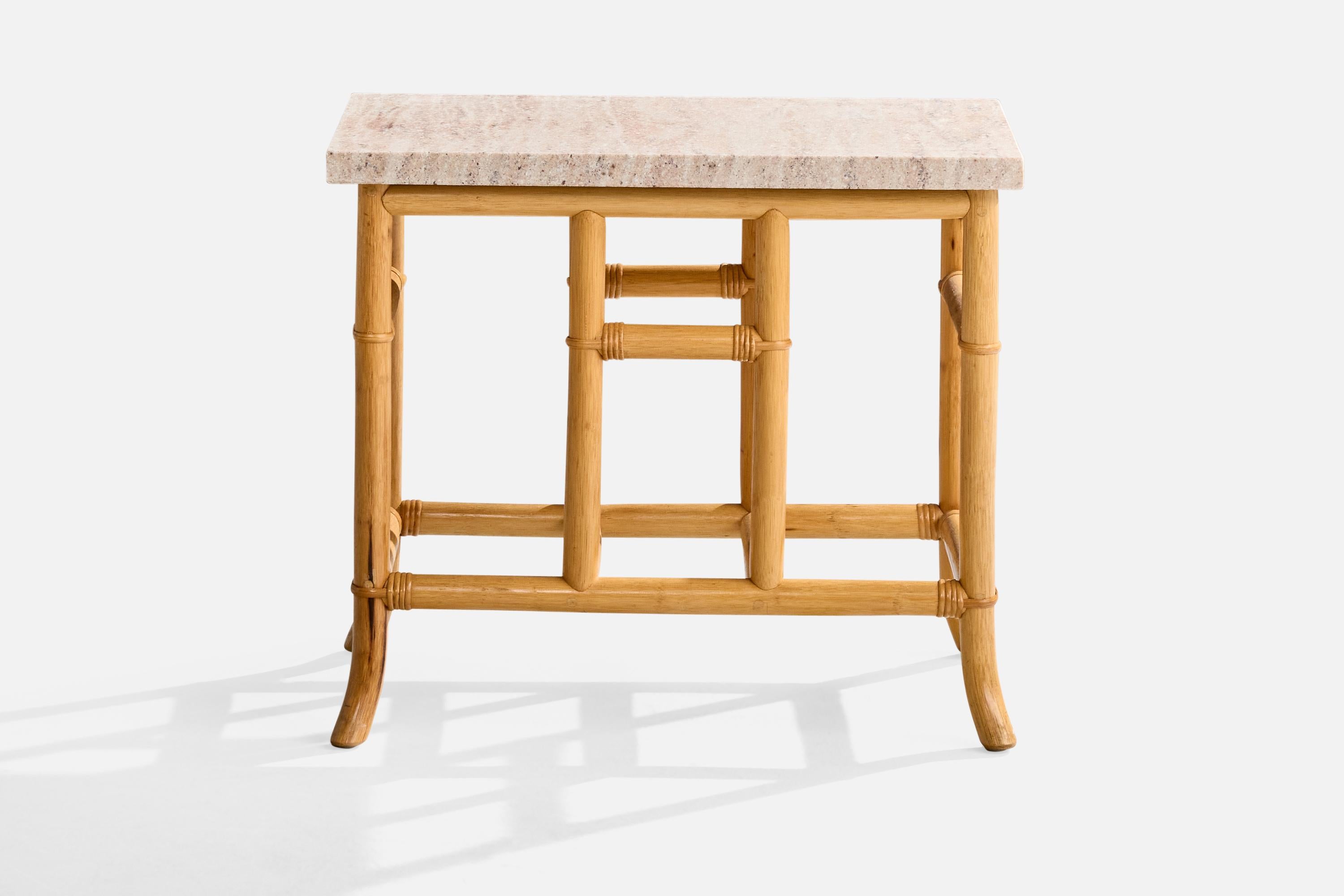 American Designer, Side Tables, Bamboo, Rattan, Marble, USA, 1970s For Sale 1