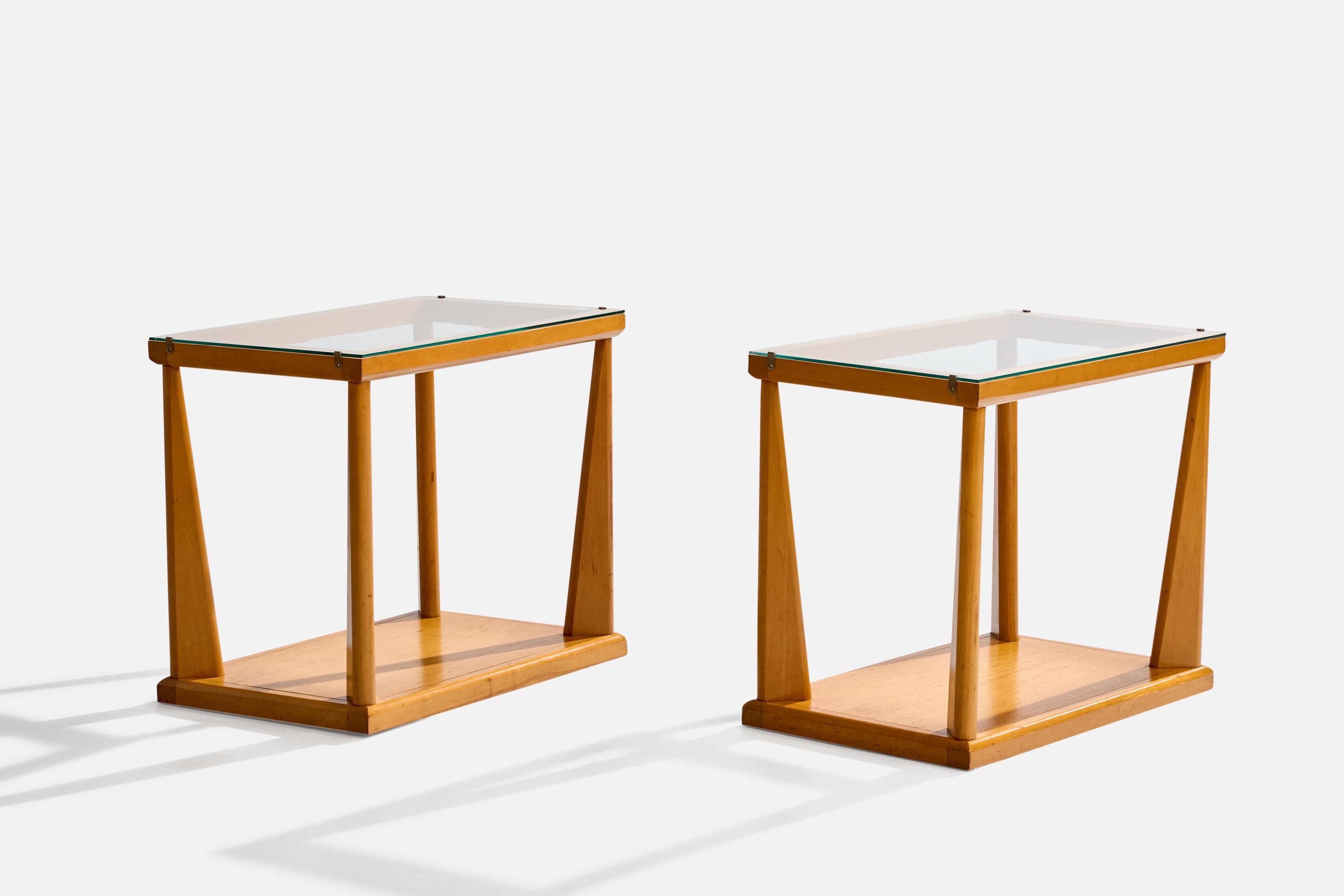A pair of bleached mahogany, glass and metal side tables designed and produced in the US, c. 1950s.

Overall Dimensions (inches): 21.875