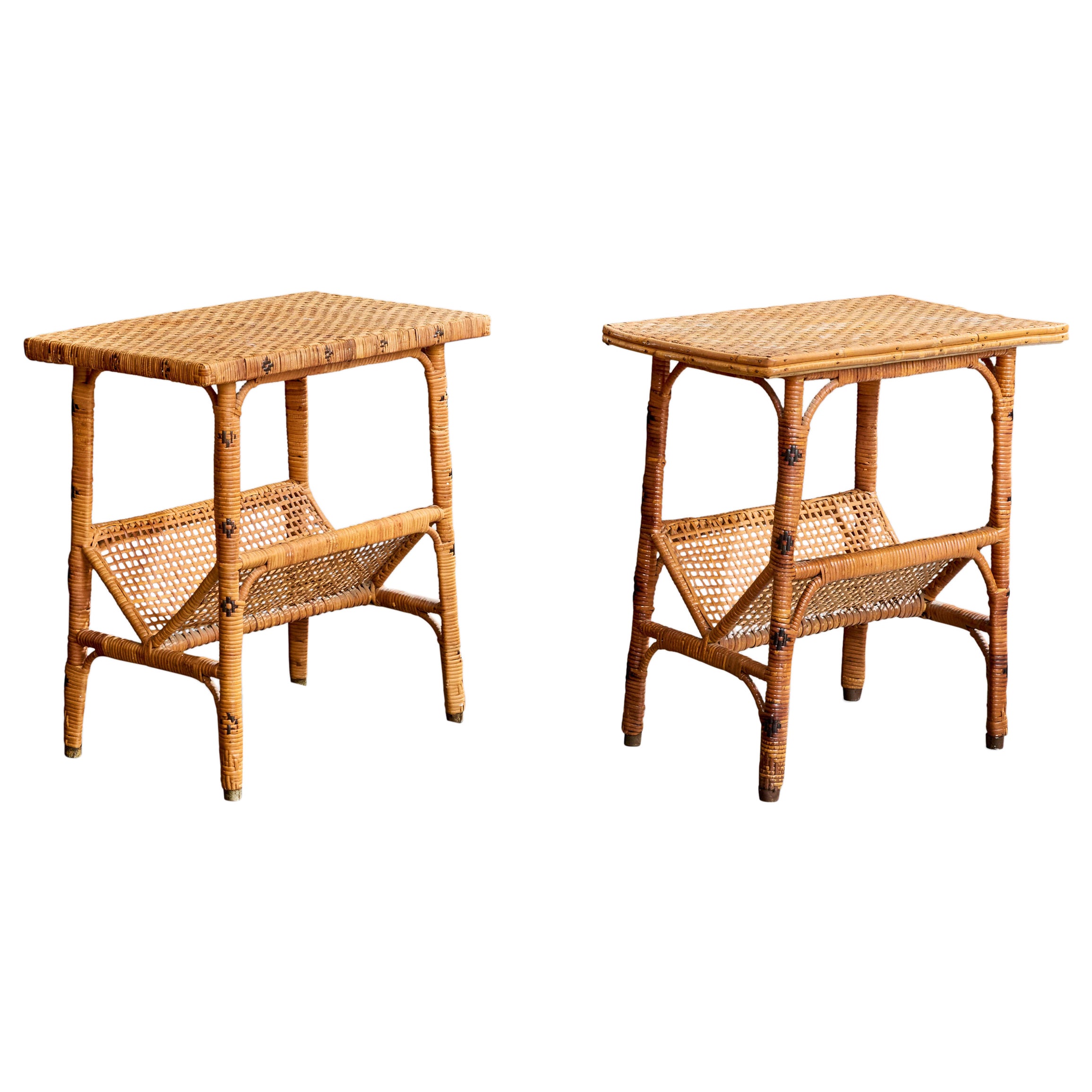 Amerikanischer Designer, Beistelltische, Rattan, Messing, USA, 1950er Jahre