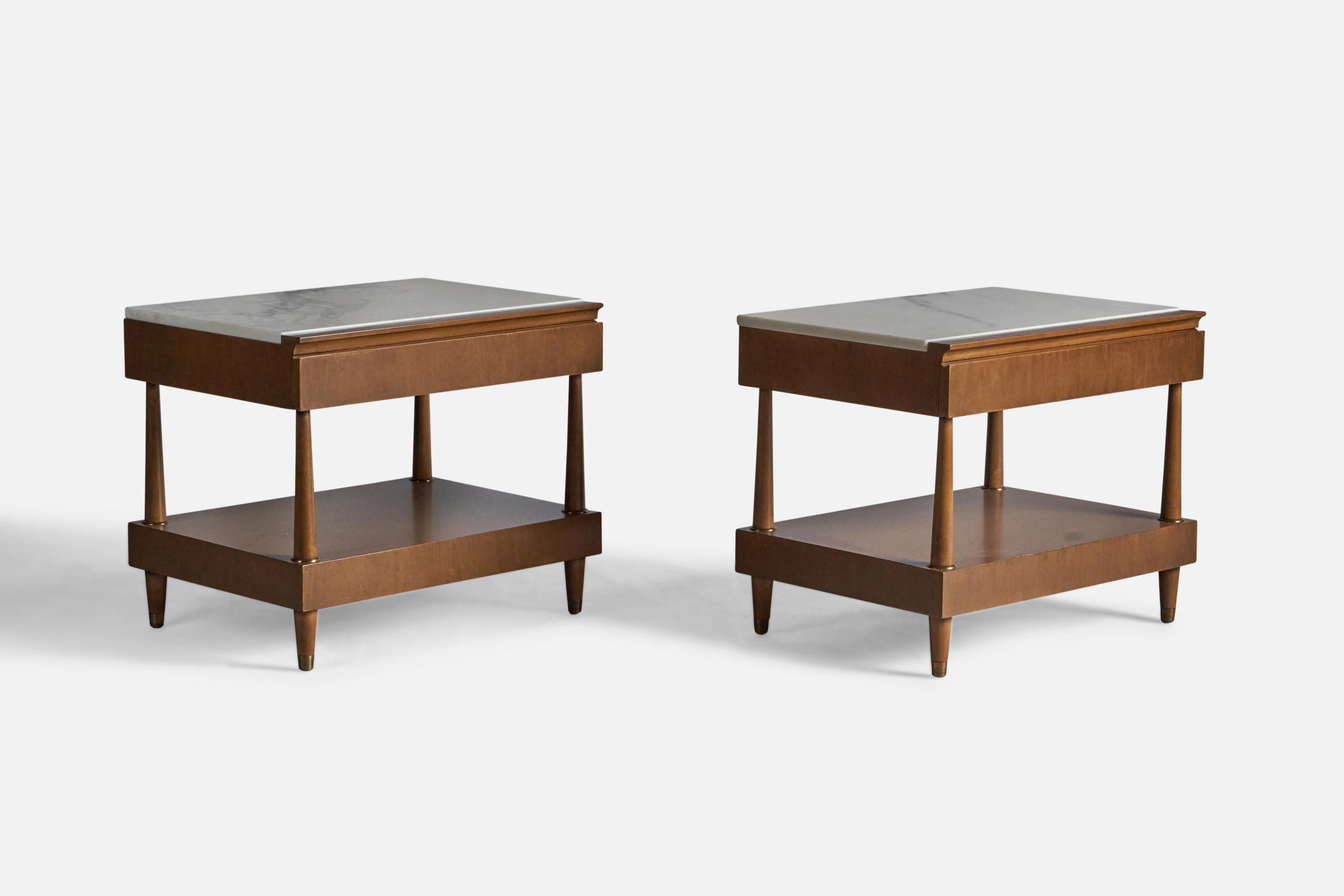 Mid-Century Modern American Designer, Side Tables, Walnut, Marble, USA, 1950s For Sale