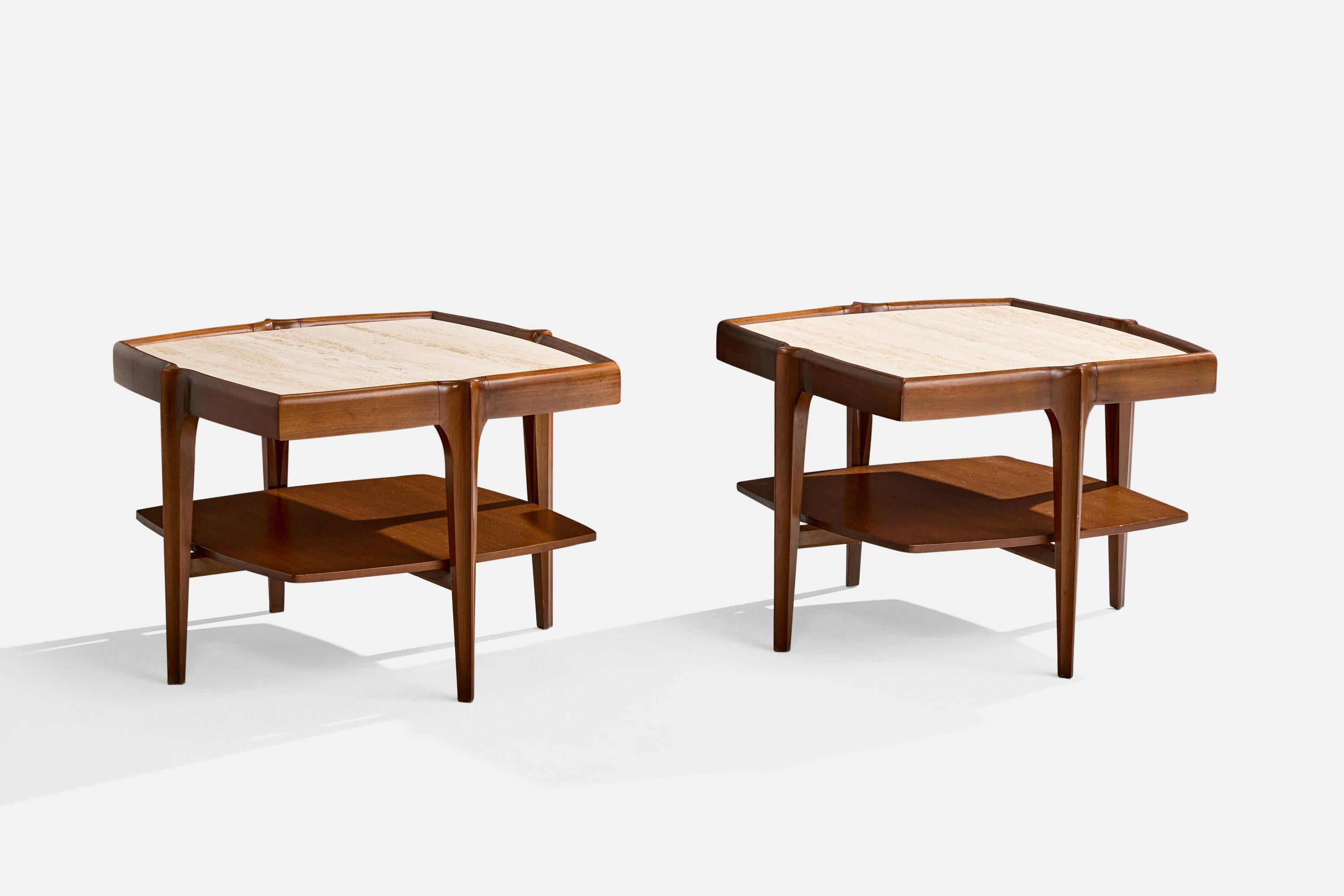 A pair of walnut and travertine side tables designed and produced in the US, c. 1950s.

Overall Dimensions (inches): 18.875