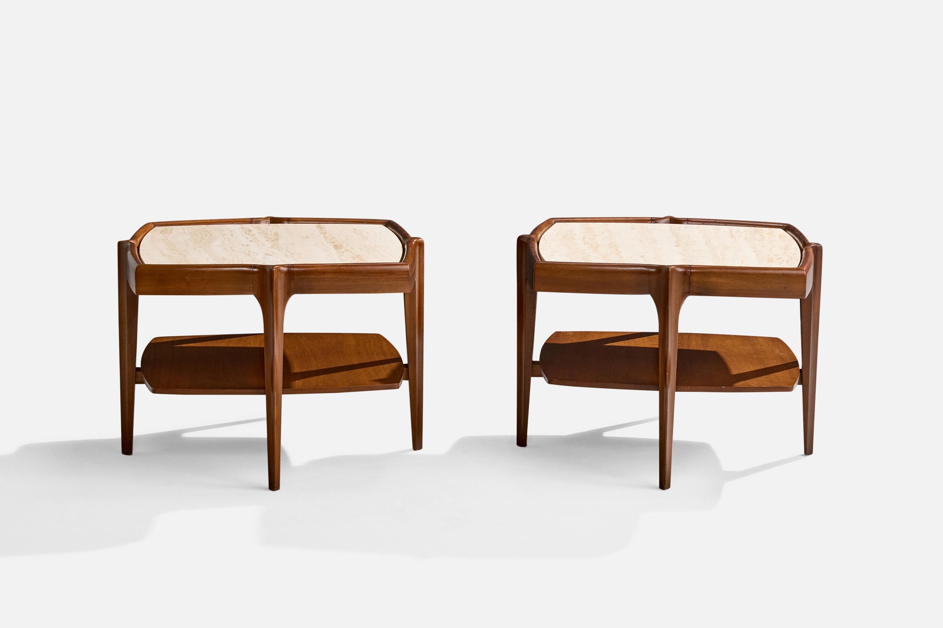 American Designer, Side Tables, Walnut, Travertine, USA, 1950s Moderno de mediados de siglo en venta