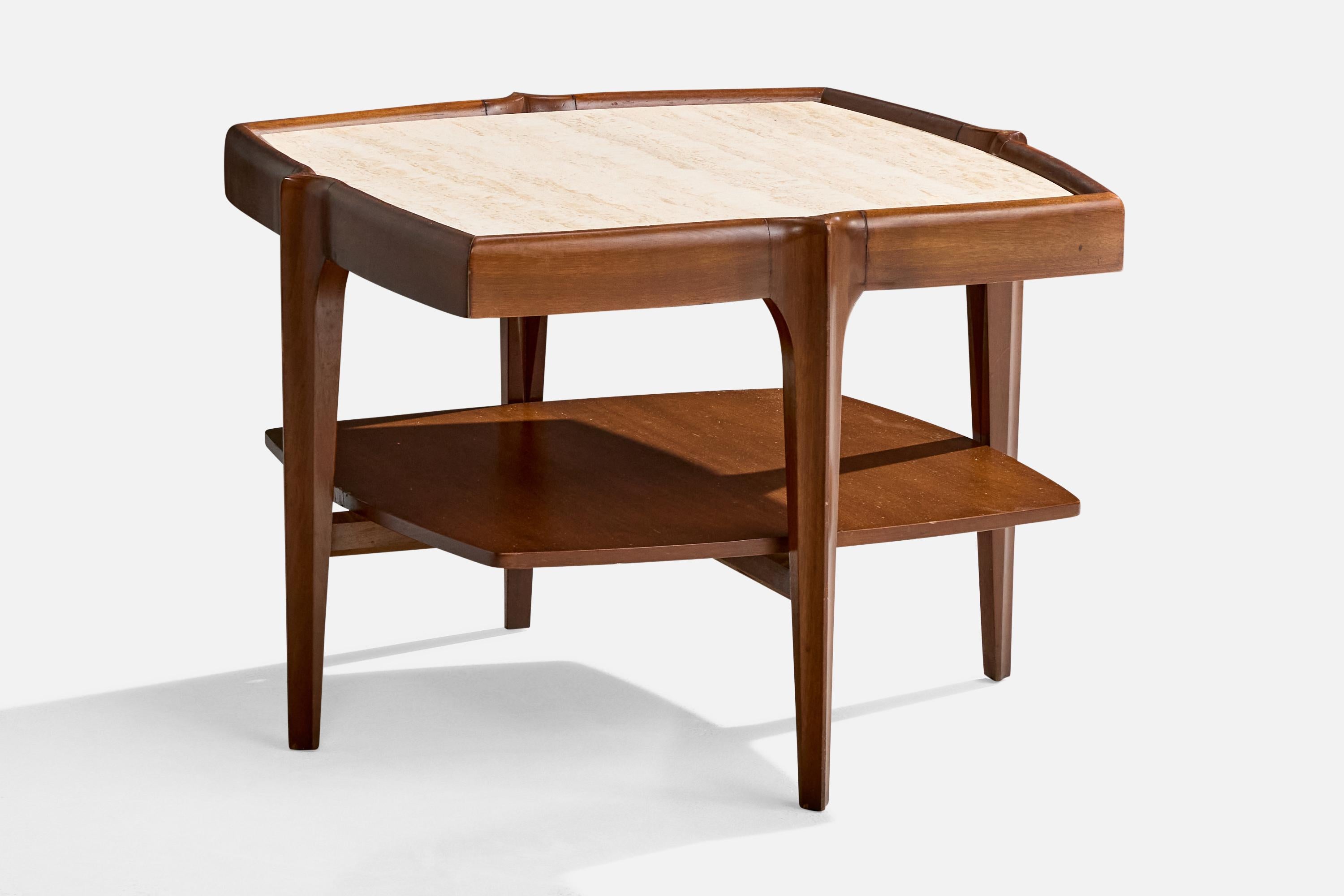 American Designer, Side Tables, Walnut, Travertine, USA, 1950s Estadounidense en venta