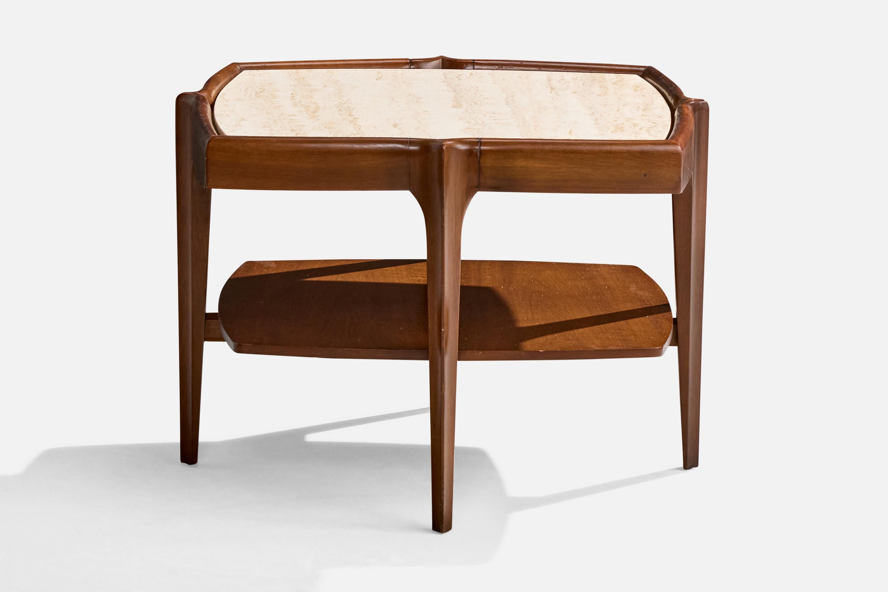 American Designer, Side Tables, Walnut, Travertine, USA, 1950s en Bueno estado para la venta en High Point, NC