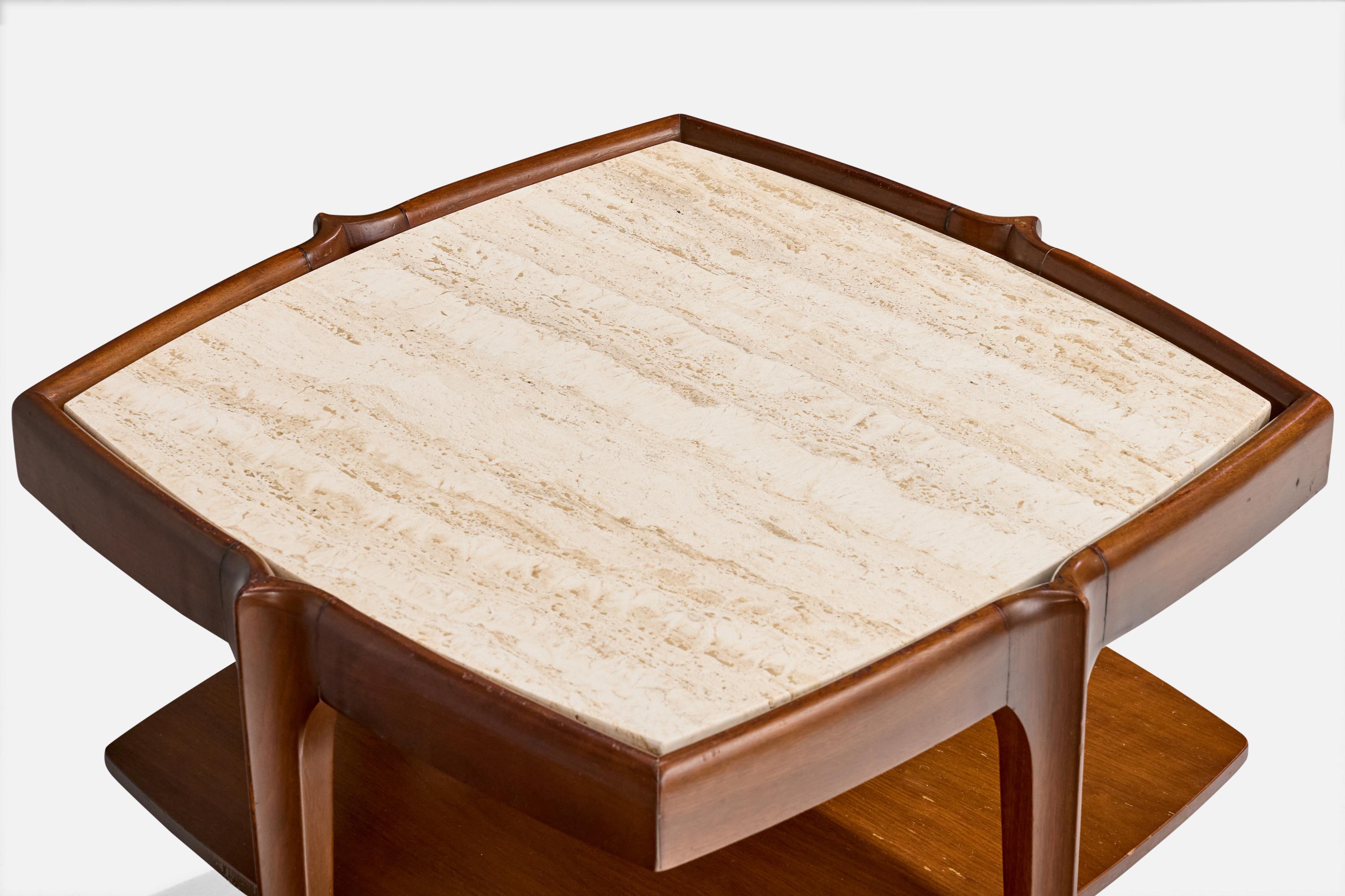 American Designer, Side Tables, Walnut, Travertine, USA, 1950s en venta 1