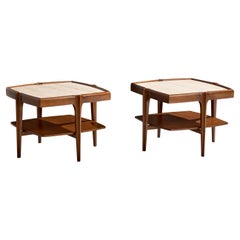 American Designer, Side Tables, Walnut, Travertine, USA, 1950s