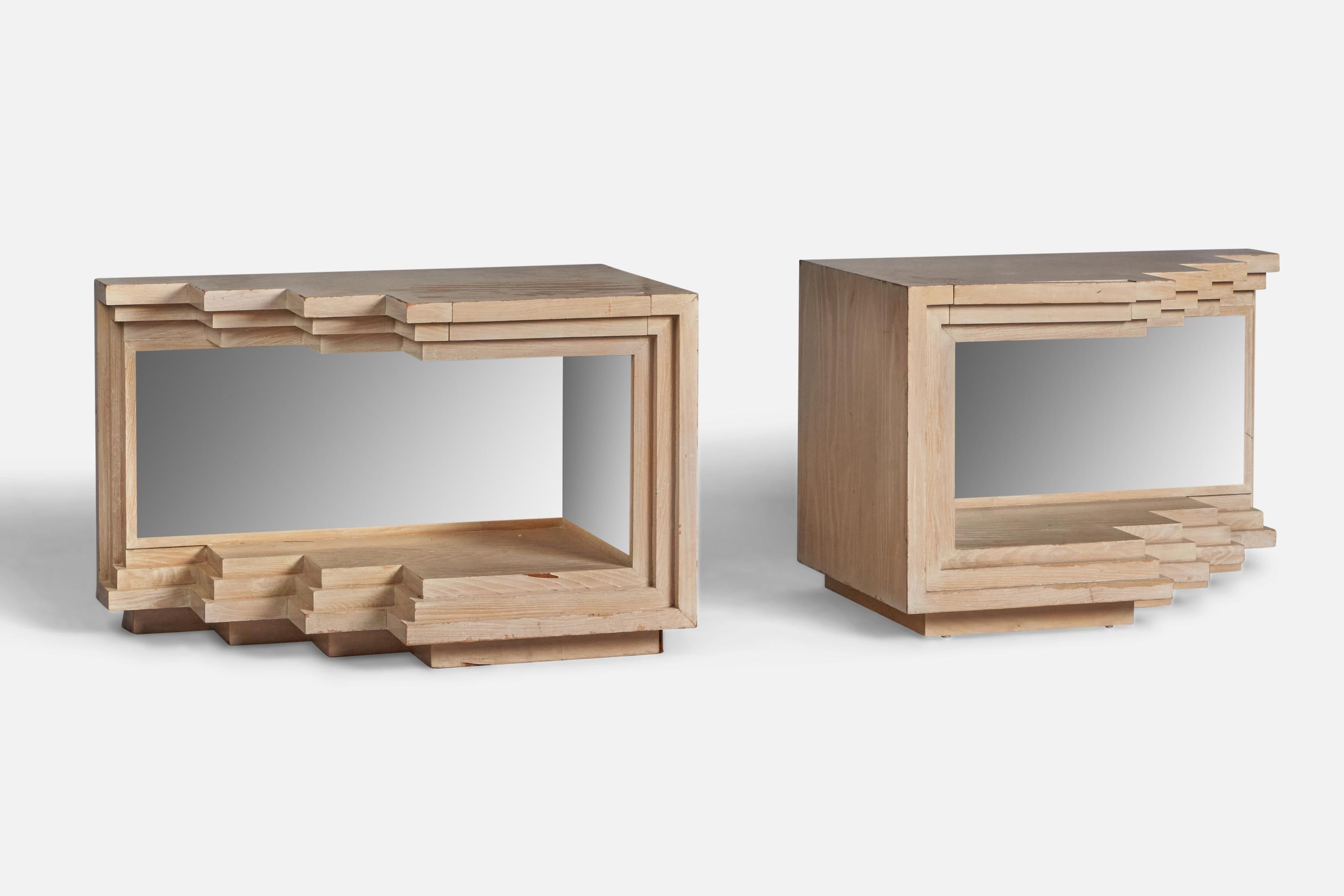 A pair of sizeable bleached oak and mirror nightstands or side tables, designed and custom-built for a Miami Estate, USA, c. 1970s.