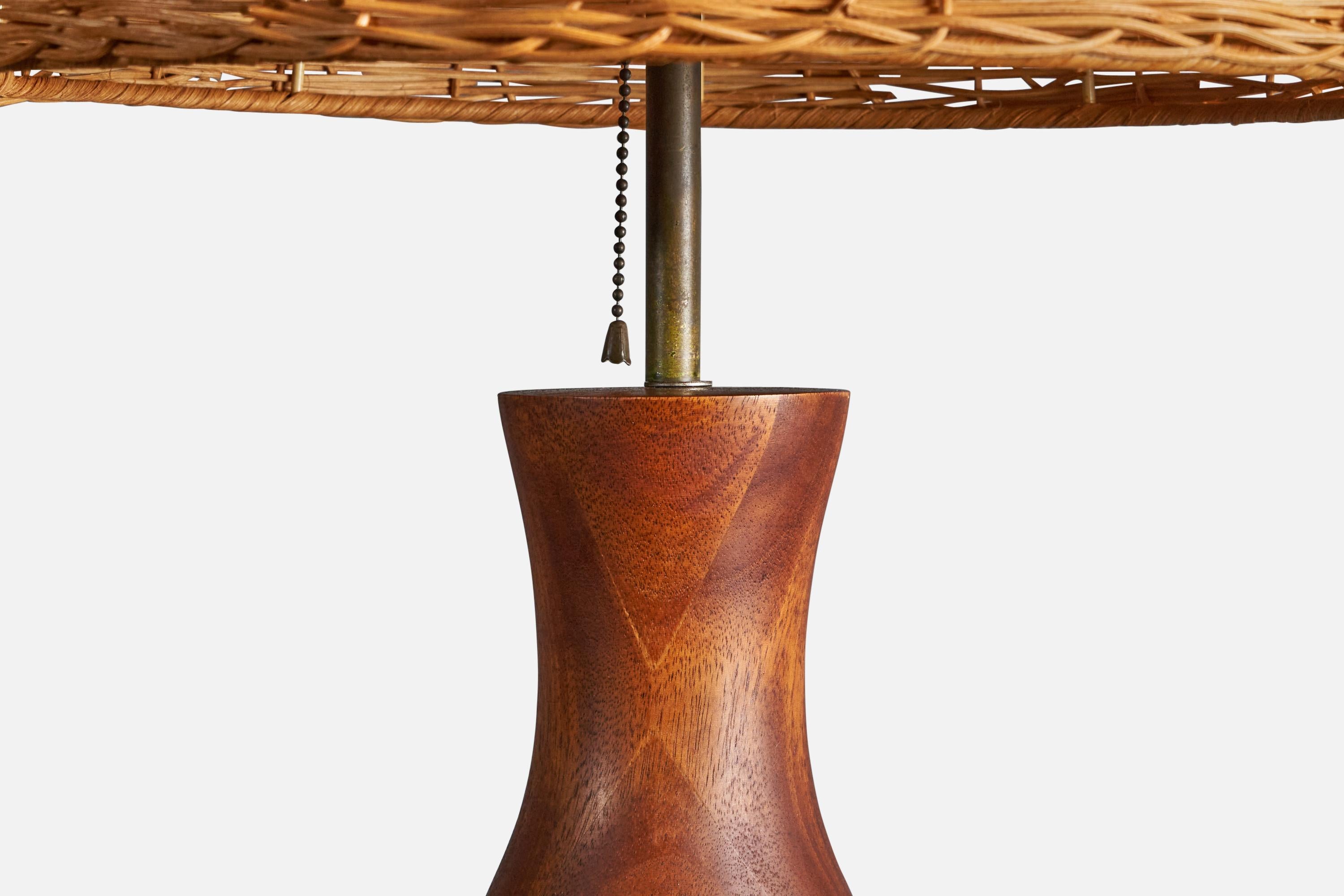 Mid-20th Century American Designer, Sizeable Table Lamp, Teak, Brass, Rattan, 1950s For Sale