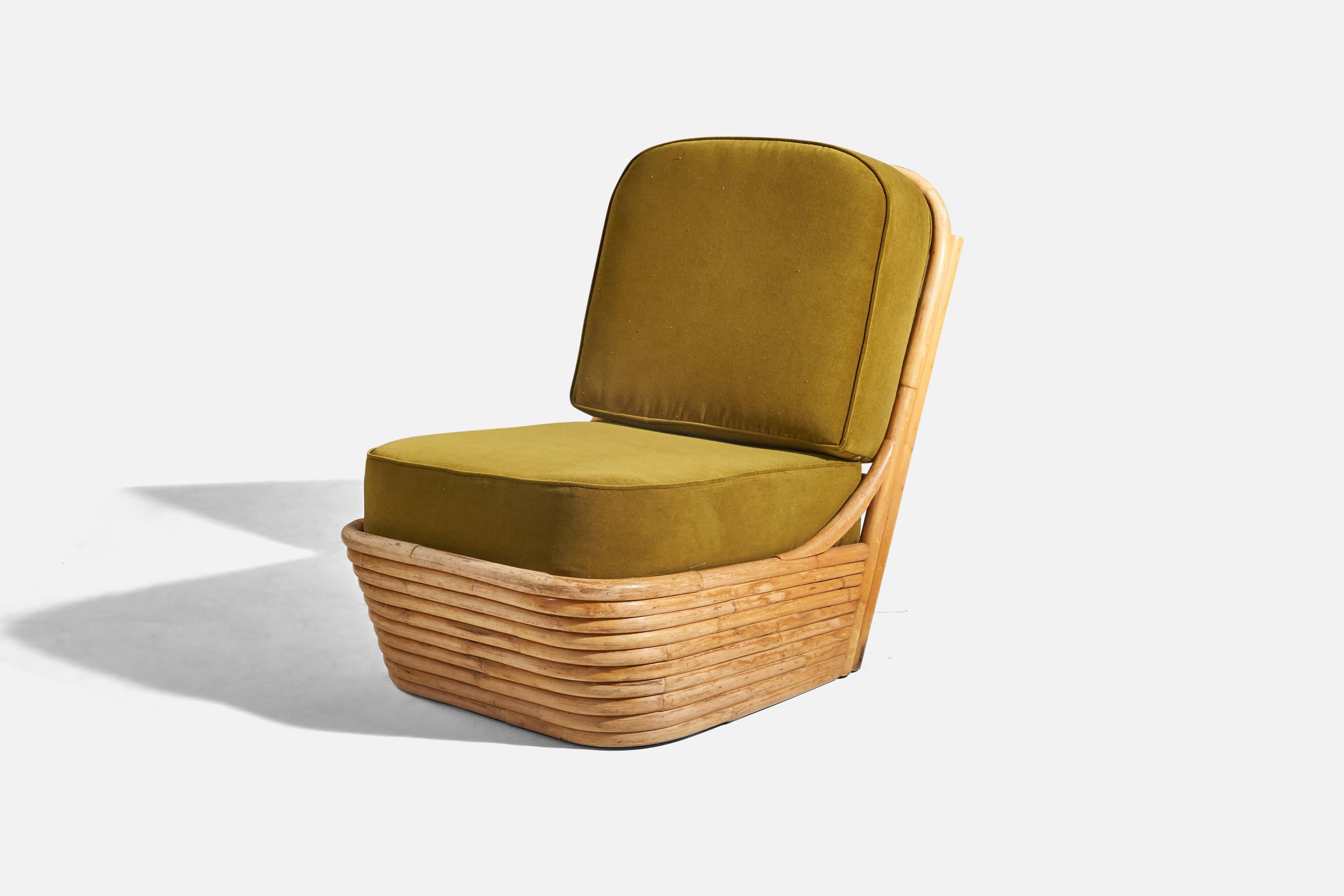 Mid-Century Modern American Designer, Slipper Chair, Bamboo, Green Velvet, USA, 1950s
