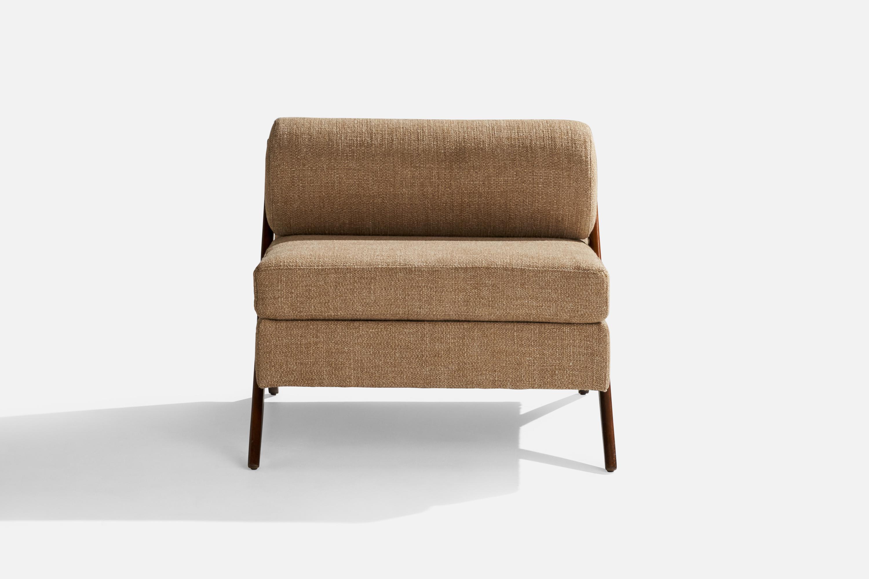 Mid-Century Modern American Designer, Slipper Chair, Fabric, Wood, USA, 1950s For Sale