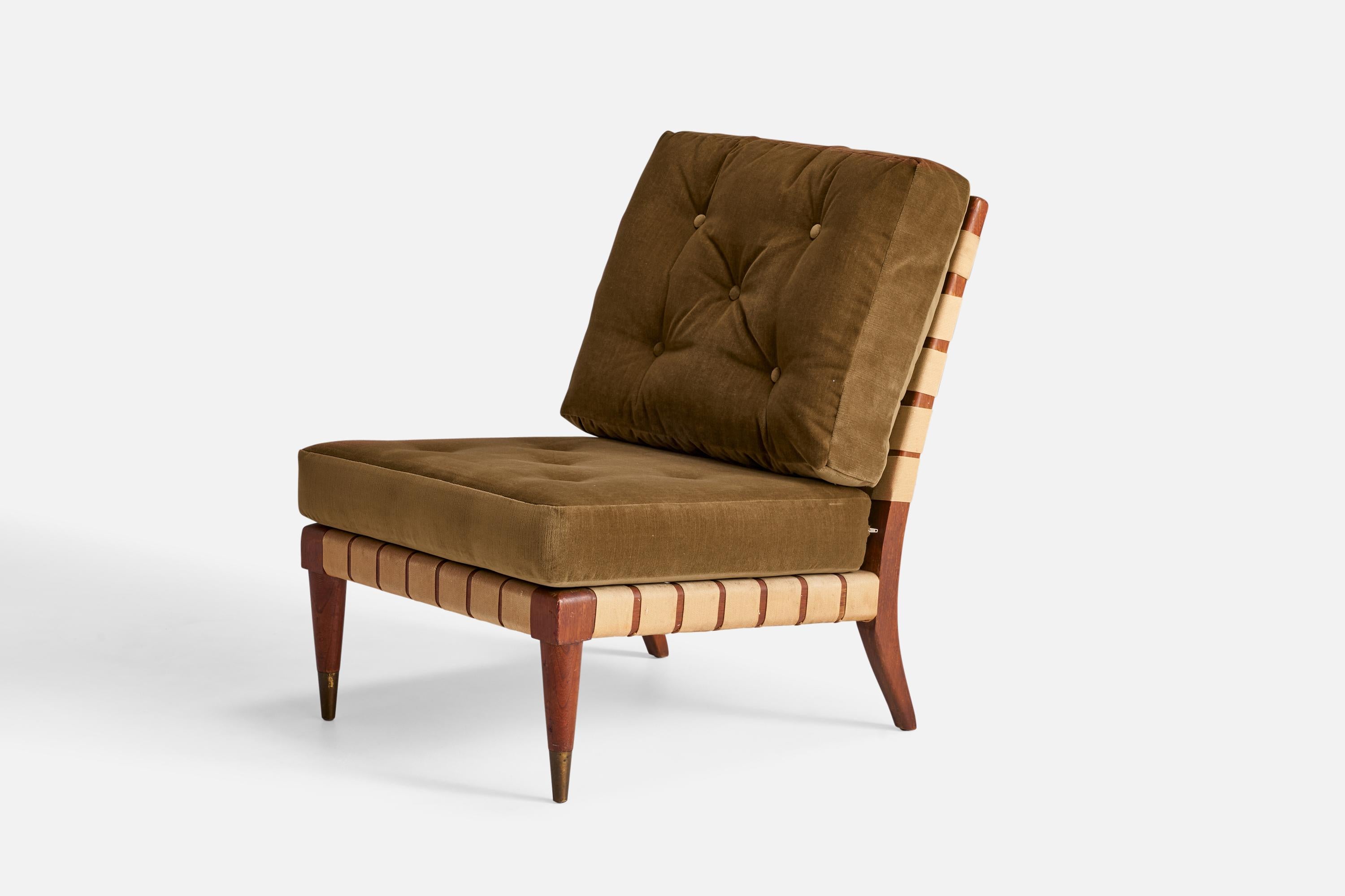 Modern American Designer, Slipper Chair, Walnut, Cotton, Velvet, USA, 1940s For Sale