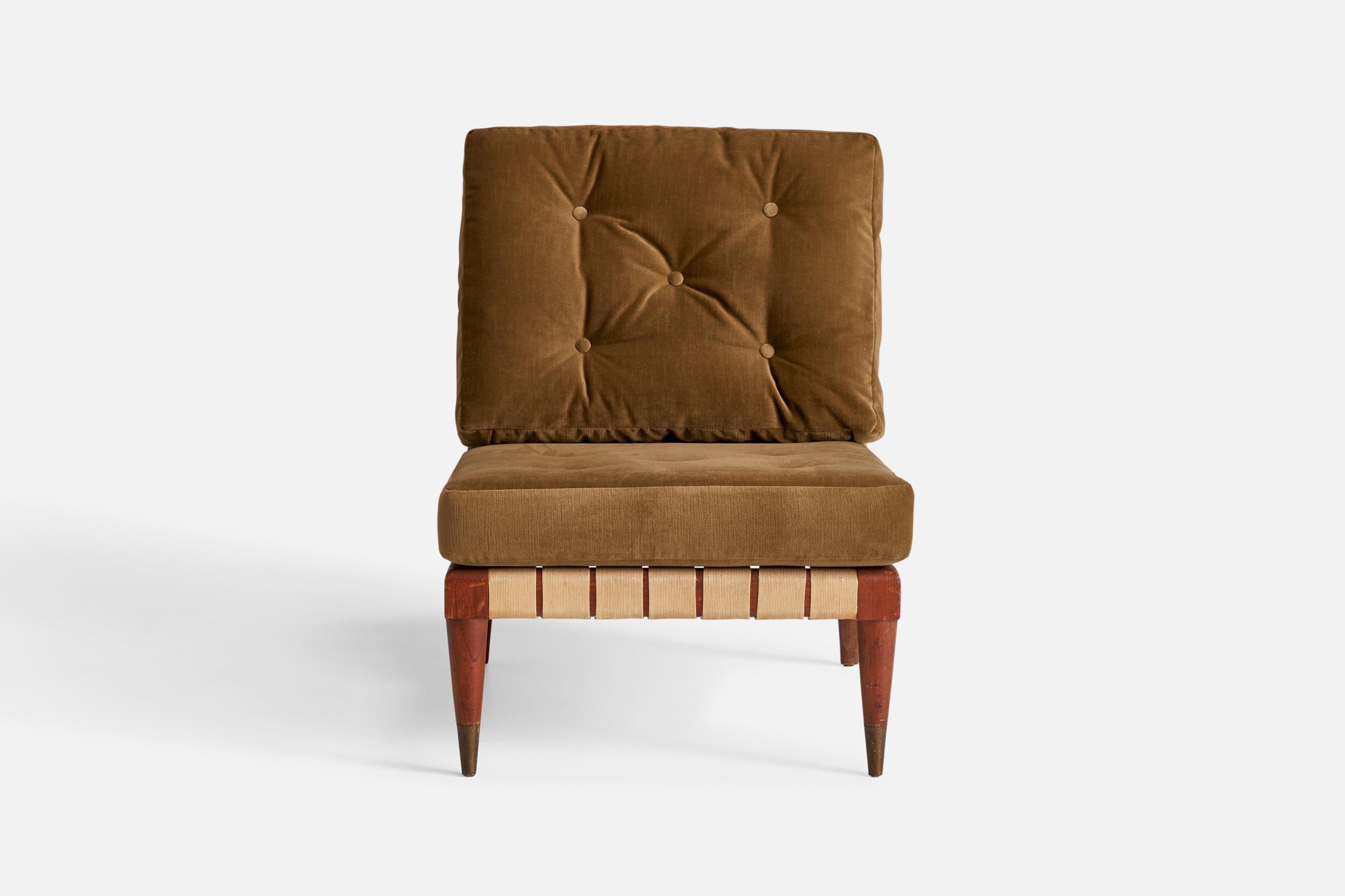 Amerikanischer Designer, Sessel ohne Armlehne, Nussbaum, Baumwolle, Samt, USA, 1940er Jahre (amerikanisch) im Angebot