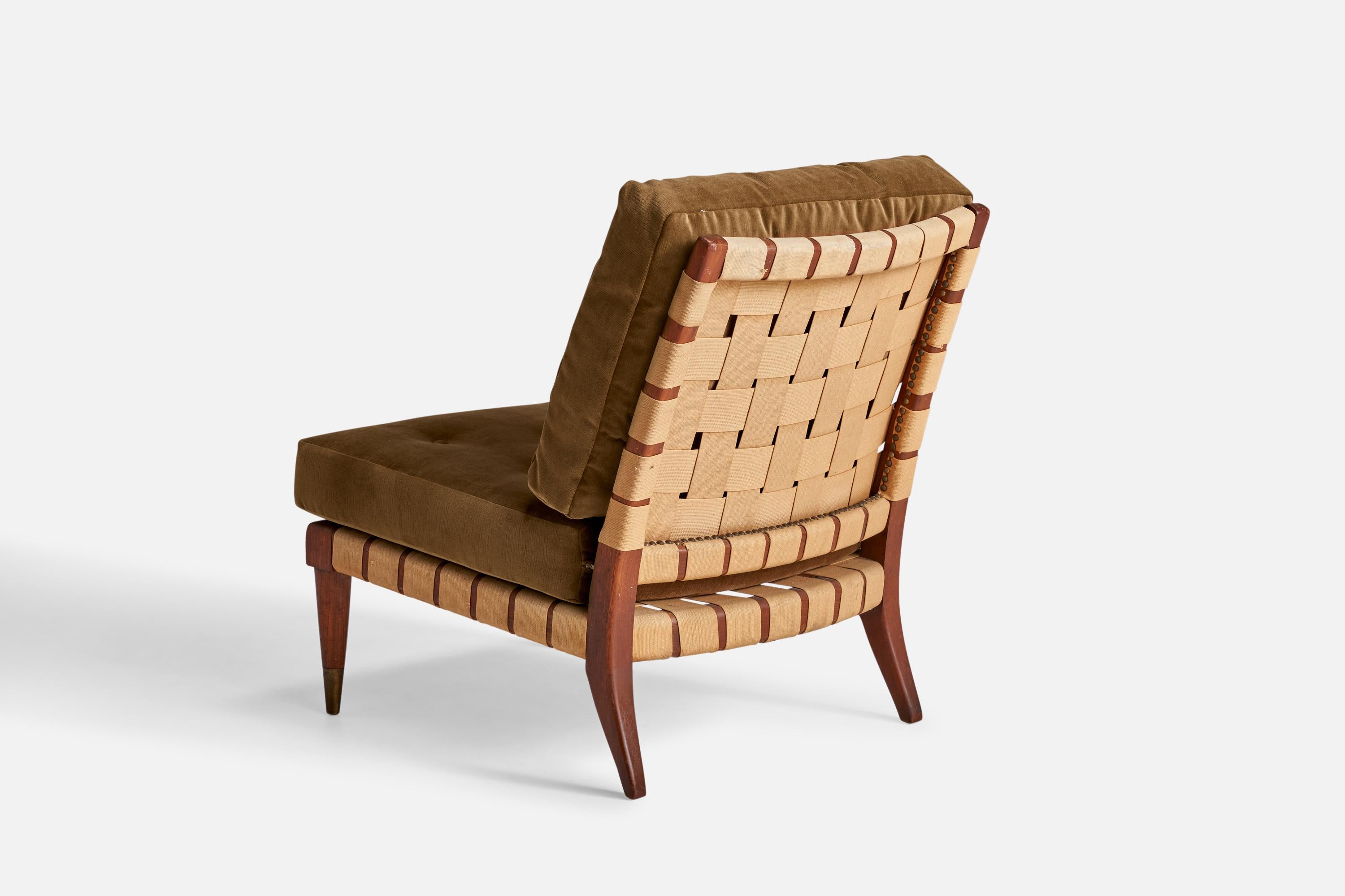 Mid-20th Century American Designer, Slipper Chair, Walnut, Cotton, Velvet, USA, 1940s For Sale
