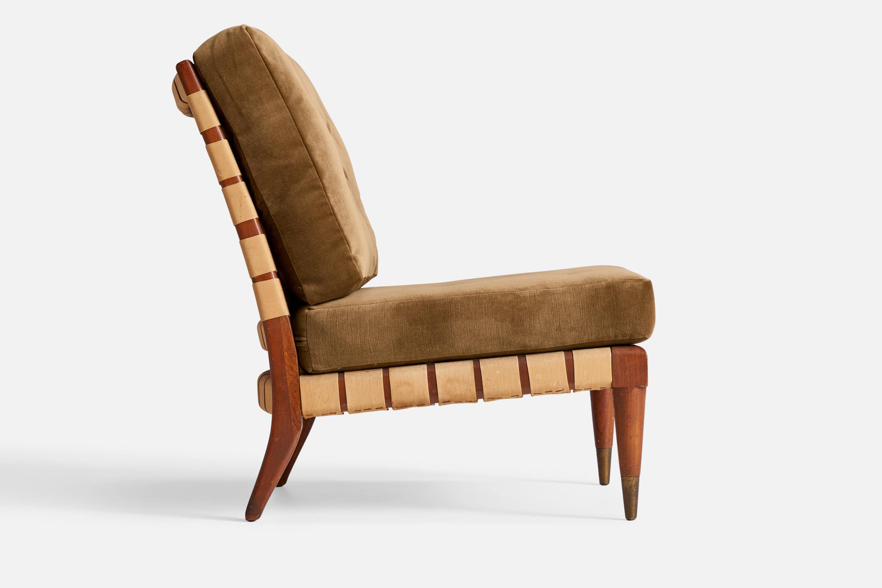 Amerikanischer Designer, Sessel ohne Armlehne, Nussbaum, Baumwolle, Samt, USA, 1940er Jahre (Mitte des 20. Jahrhunderts) im Angebot