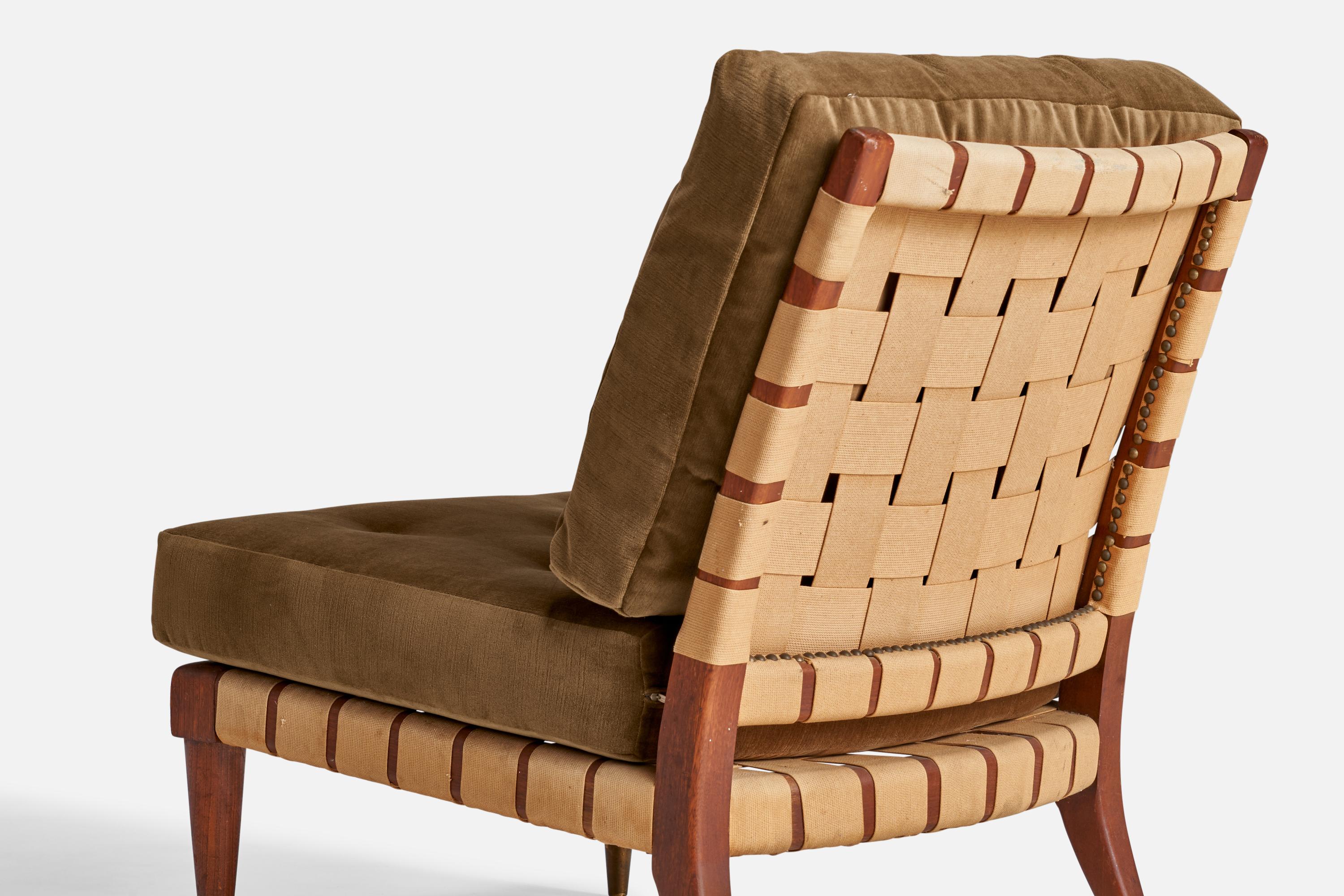 Amerikanischer Designer, Sessel ohne Armlehne, Nussbaum, Baumwolle, Samt, USA, 1940er Jahre im Angebot 1