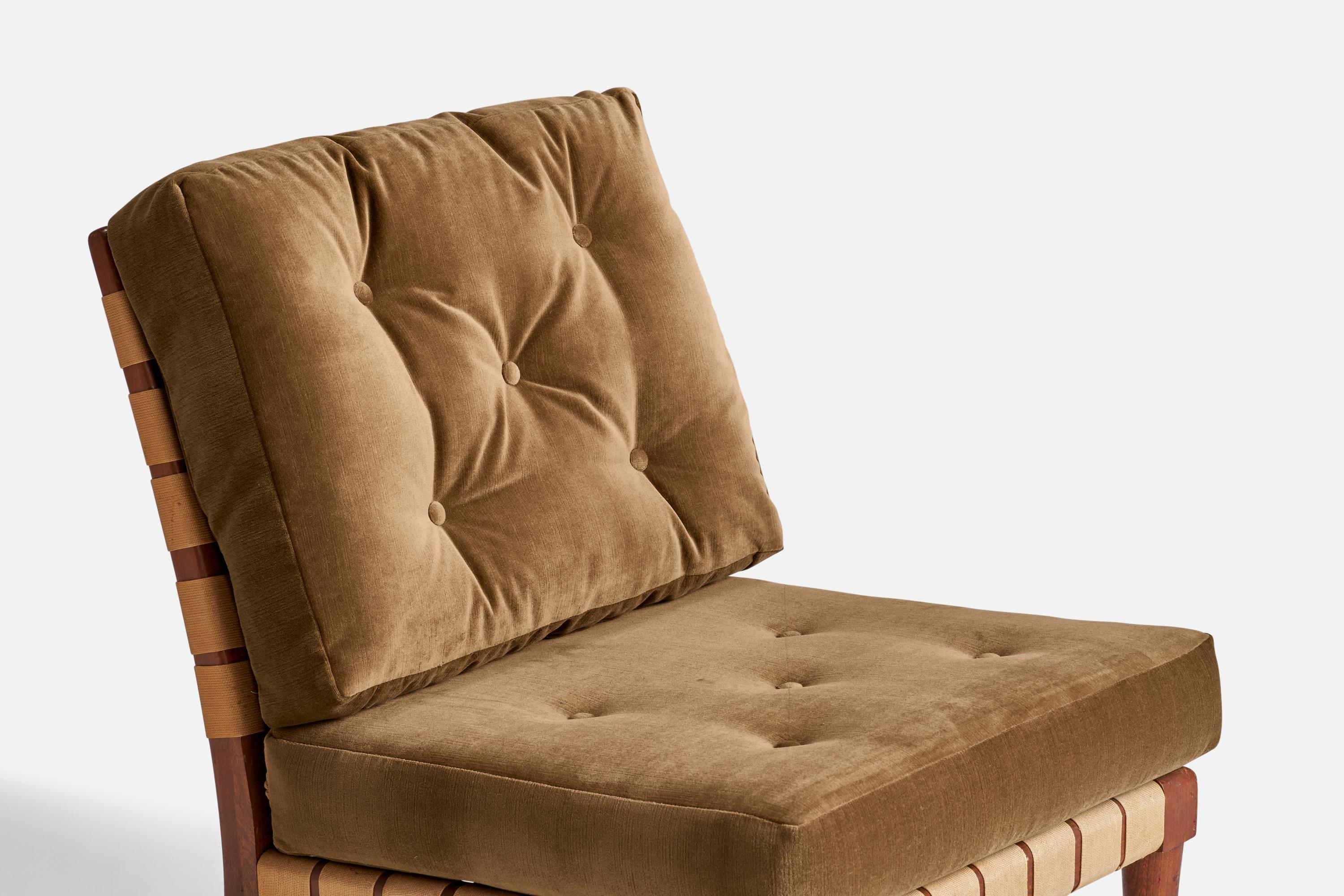 Amerikanischer Designer, Sessel ohne Armlehne, Nussbaum, Baumwolle, Samt, USA, 1940er Jahre im Angebot 2