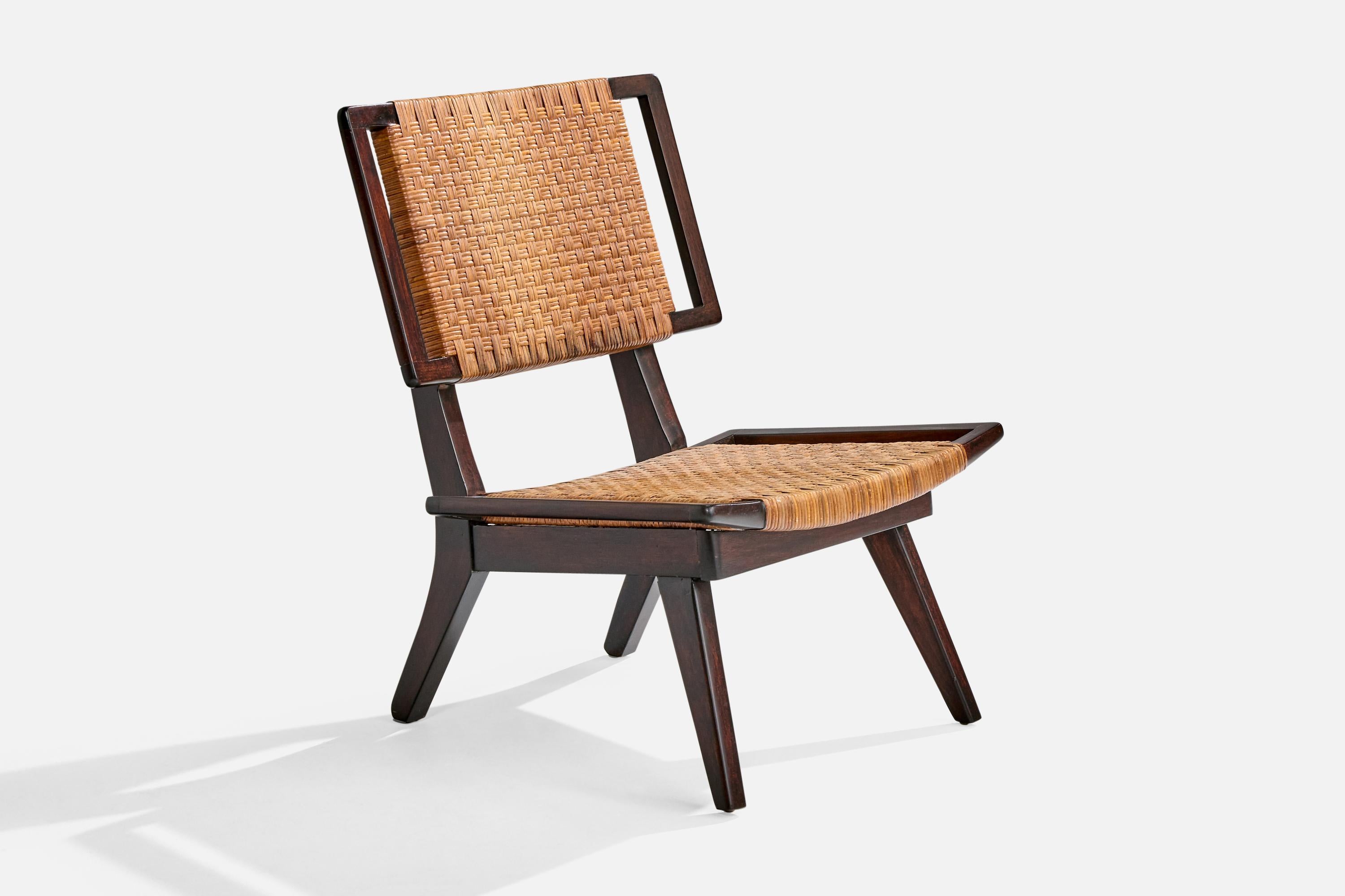 Mid-Century Modern American Designer, Slipper Chair, Wood, Rattan, USA, 1950s