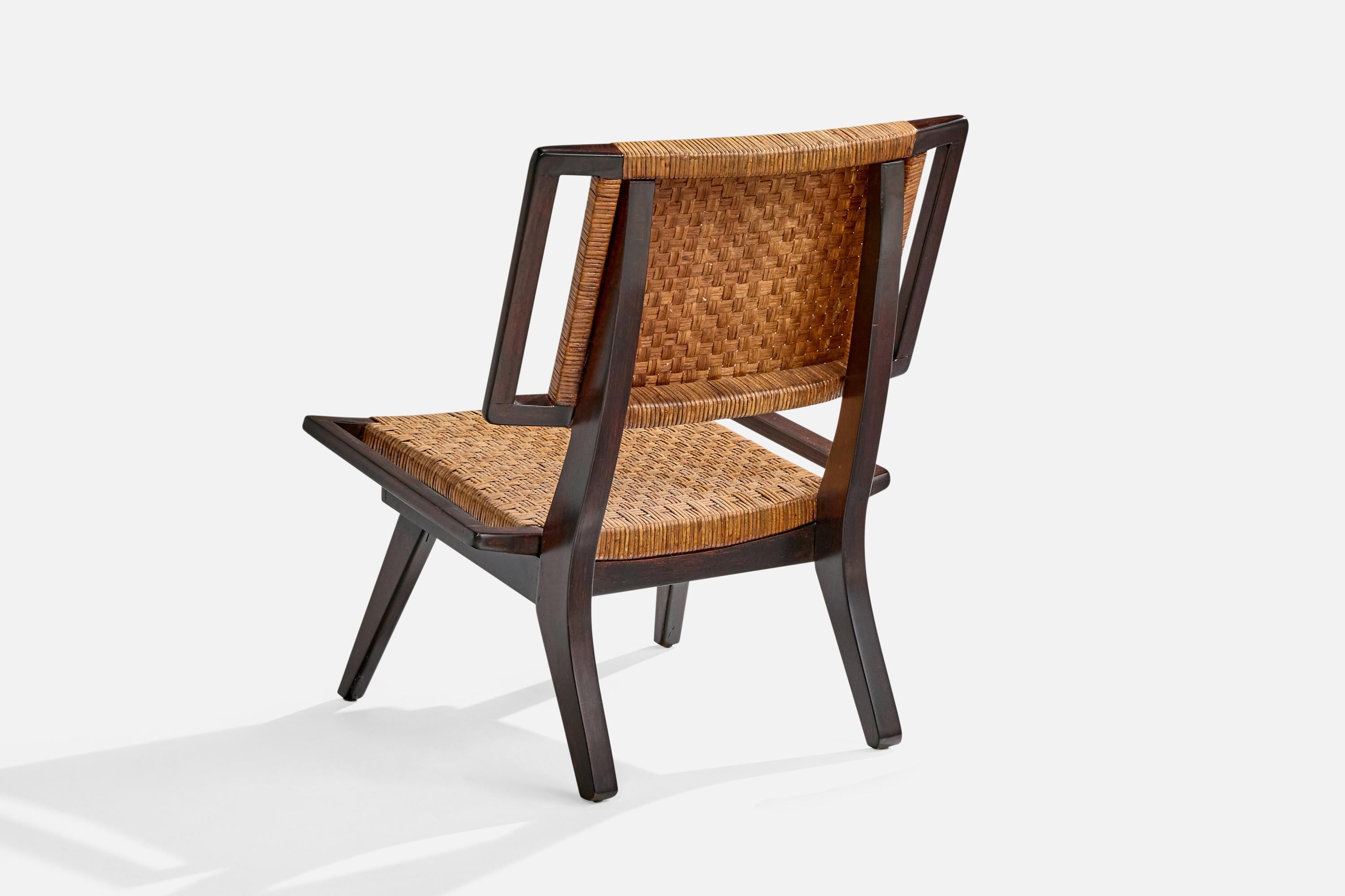 Mid-20th Century American Designer, Slipper Chair, Wood, Rattan, USA, 1950s