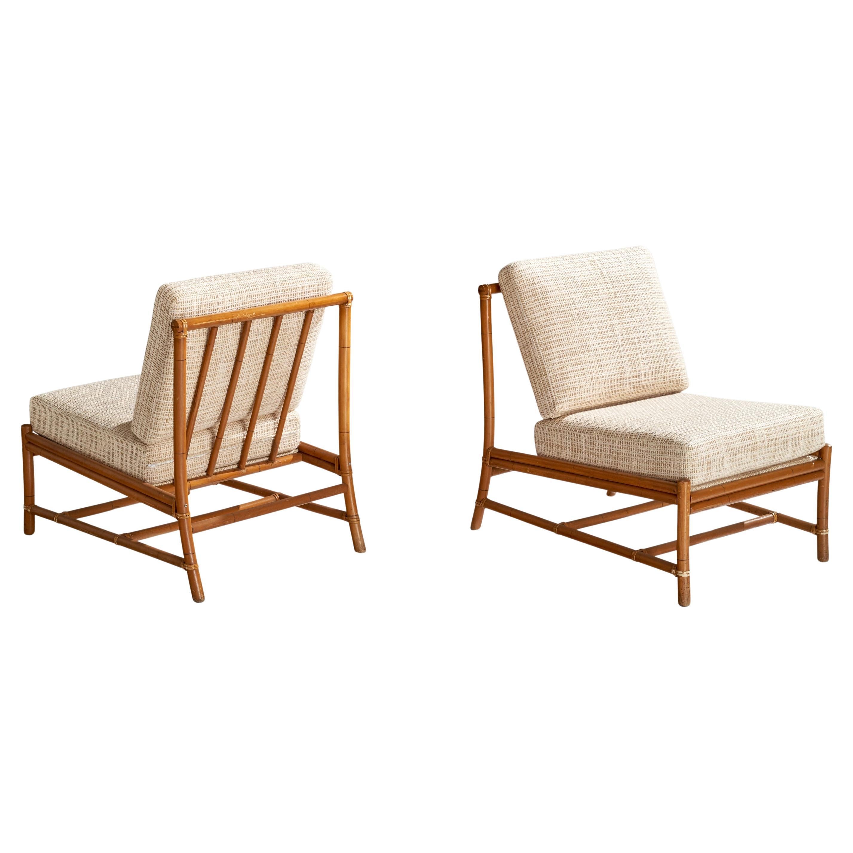 American Designer, Slipper Chairs, Bamboo, Rattan, Fabric, 1950s