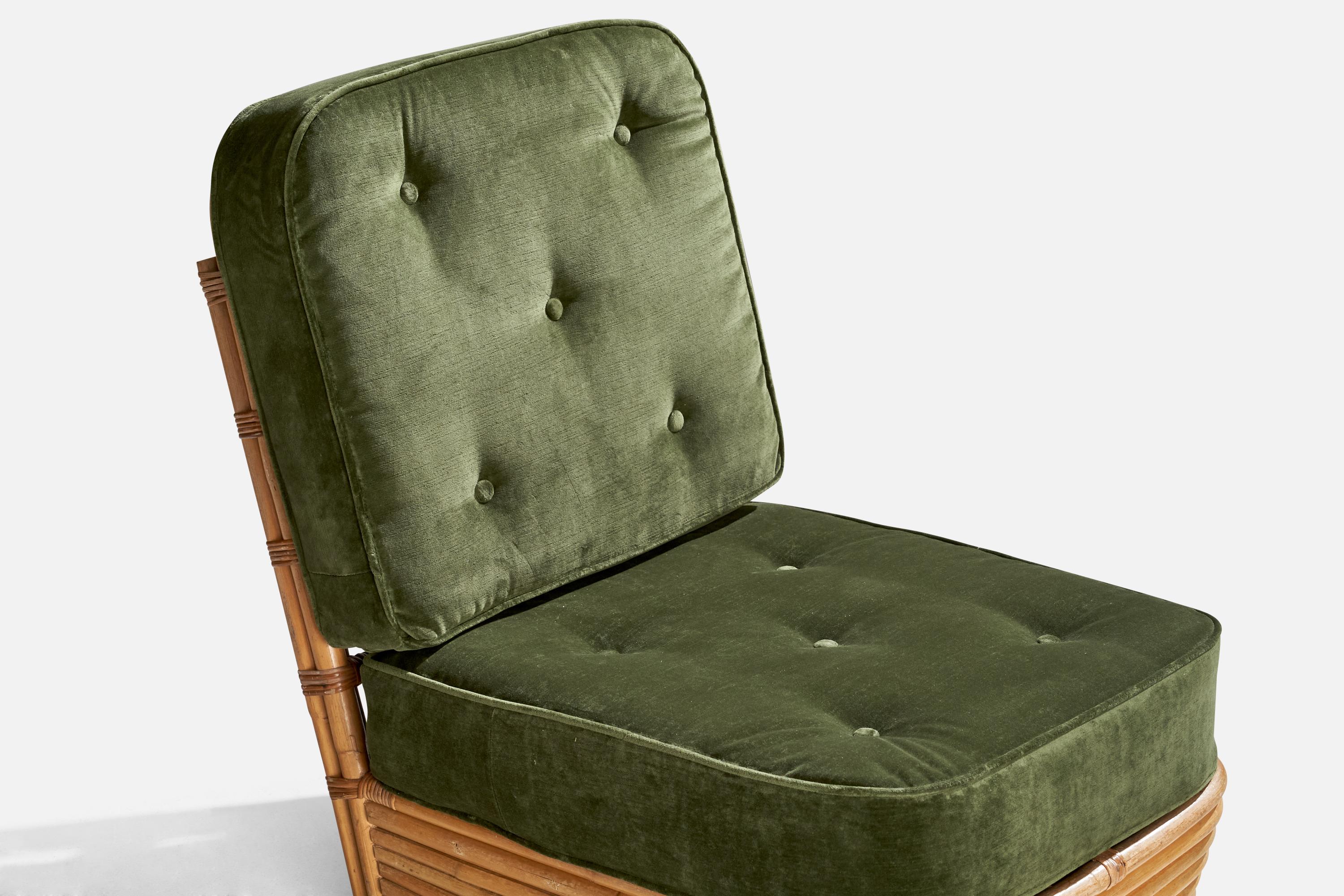 American Designer, Slipper Chairs, Bamboo, Rattan, Velvet, USA, 1950s For Sale 5