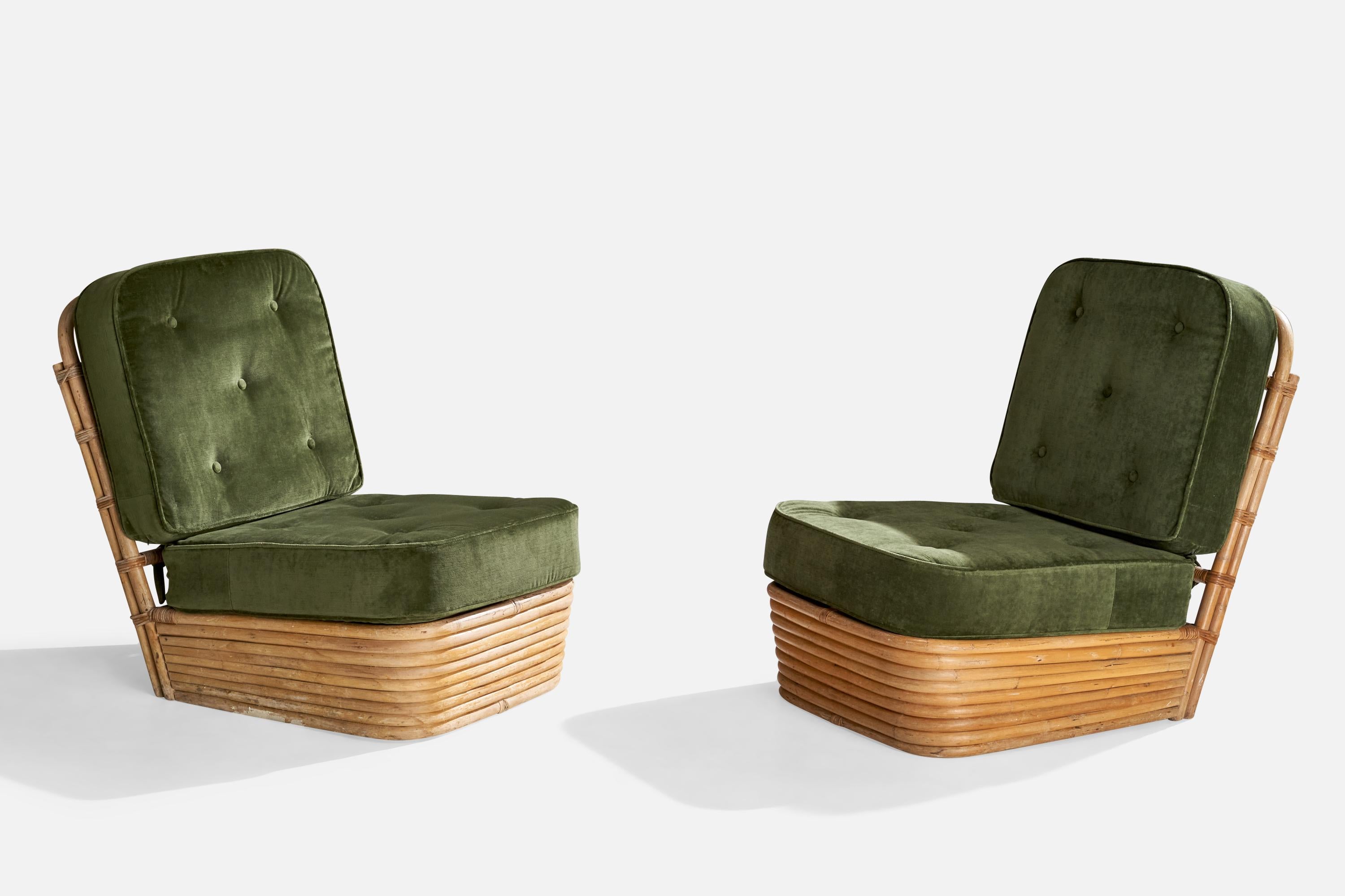 A pair of bamboo, rattan and green velvet slipper lounge chairs designed and produced in the US, c. 1950s.

Provenance: Property from the Collection of Dee and Tommy Hilfiger

Seat height: 14