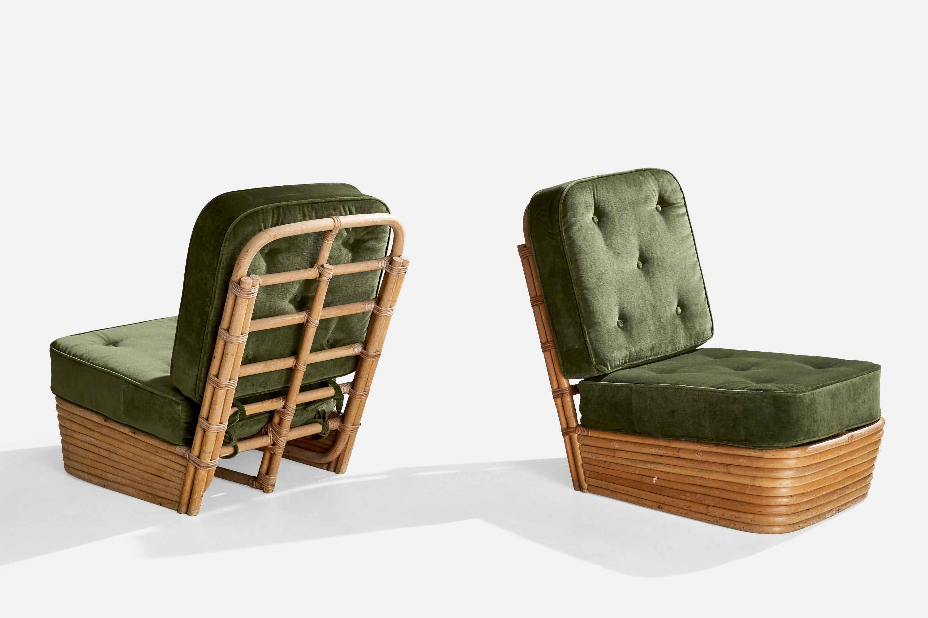 Mid-Century Modern American Designer, Slipper Chairs, Bamboo, Rattan, Velvet, USA, 1950s For Sale