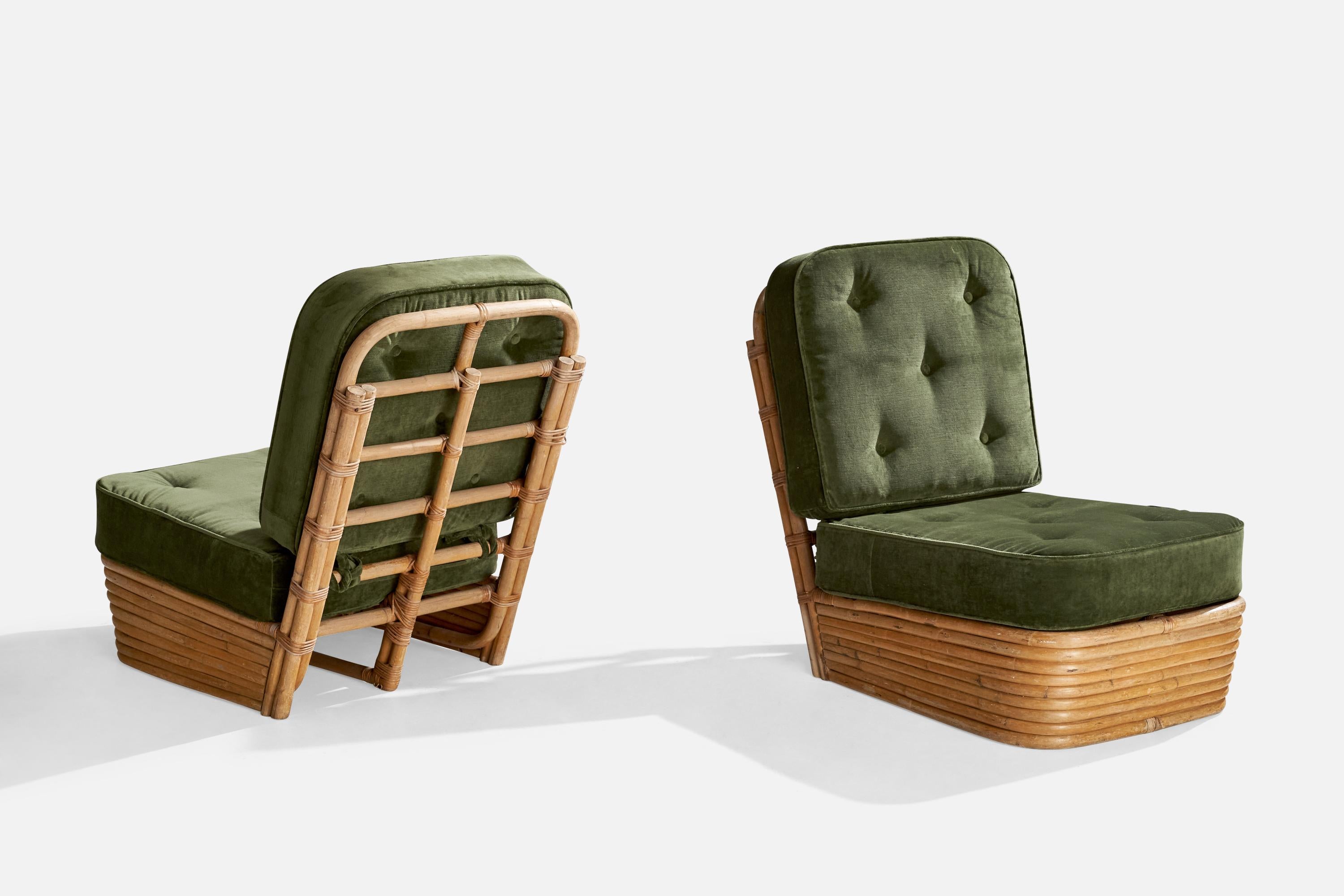 Mid-Century Modern American Designer, Slipper Chairs, Bamboo, Rattan, Velvet, USA, 1950s