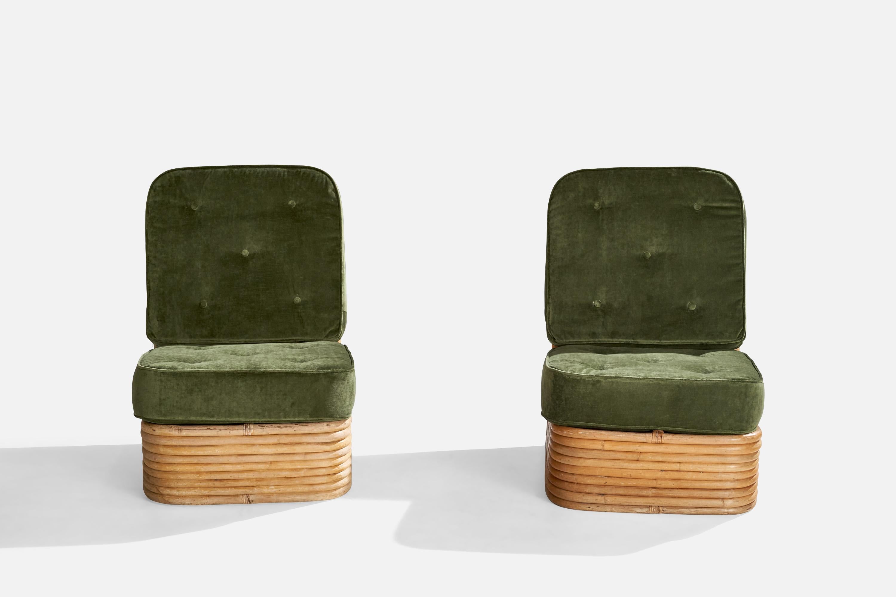 American Designer, Slipper Chairs, Bamboo, Rattan, Velvet, USA, 1950s In Good Condition For Sale In High Point, NC