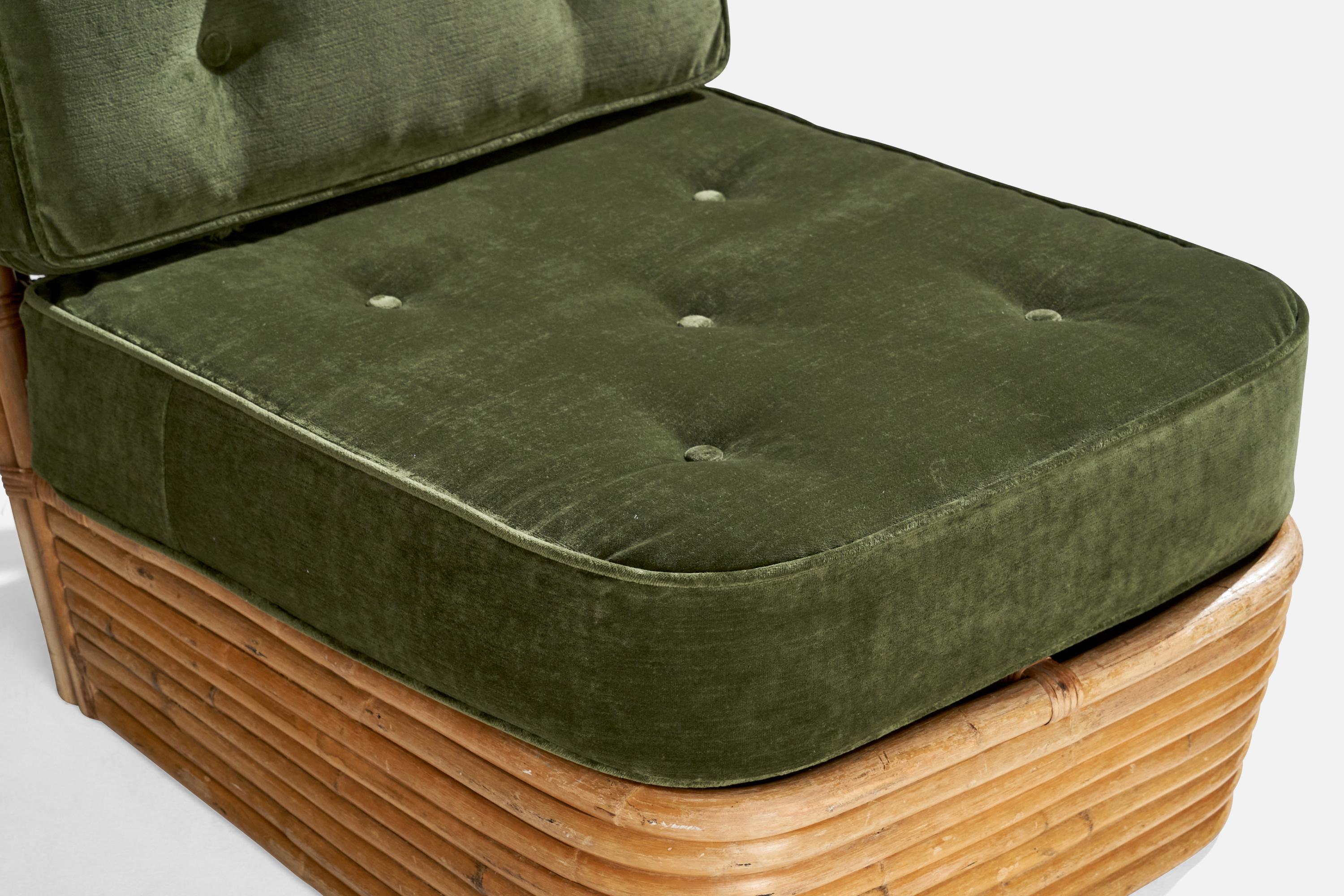 American Designer, Slipper Chairs, Bamboo, Rattan, Velvet, USA, 1950s In Good Condition In High Point, NC