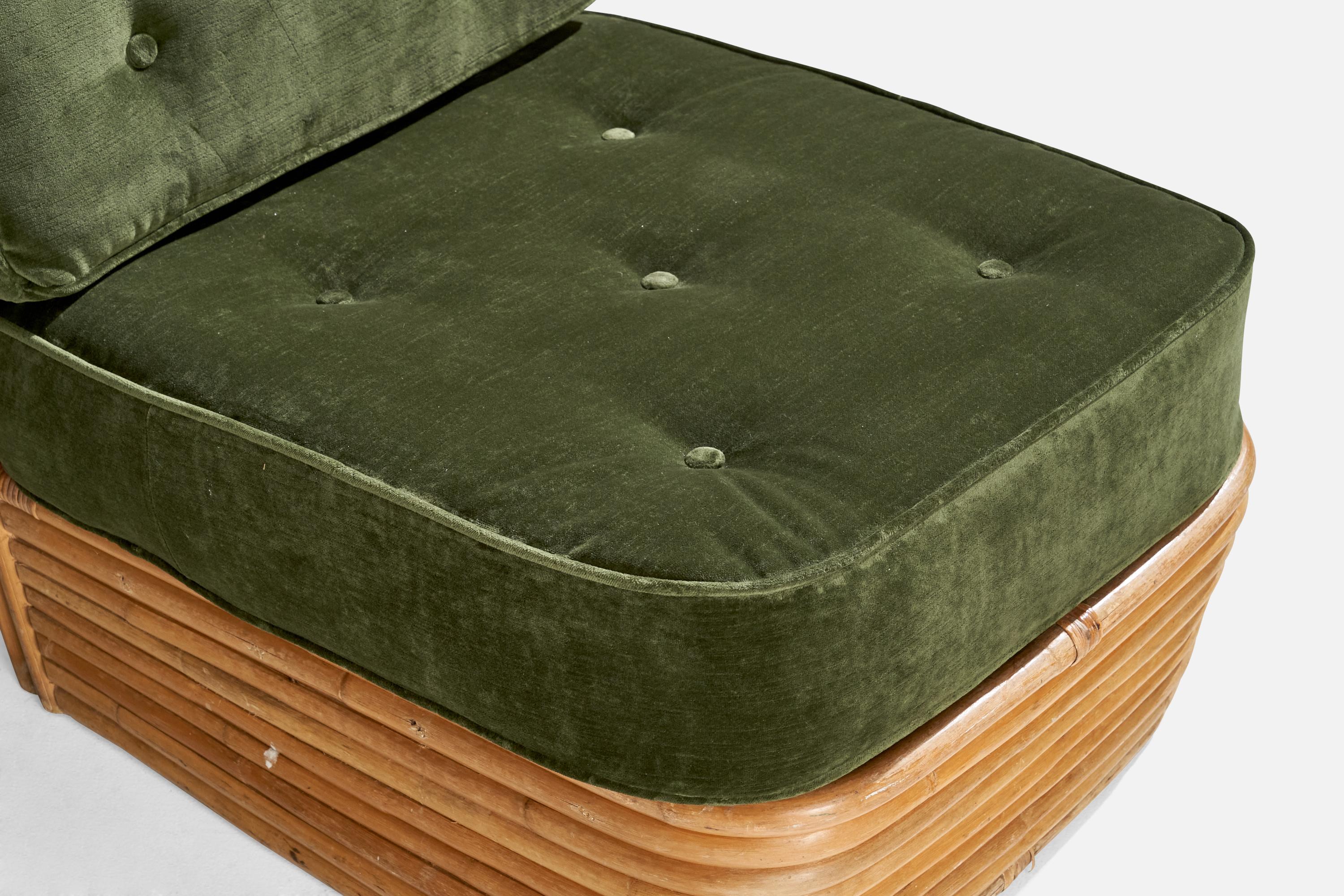 Mid-20th Century American Designer, Slipper Chairs, Bamboo, Rattan, Velvet, USA, 1950s For Sale