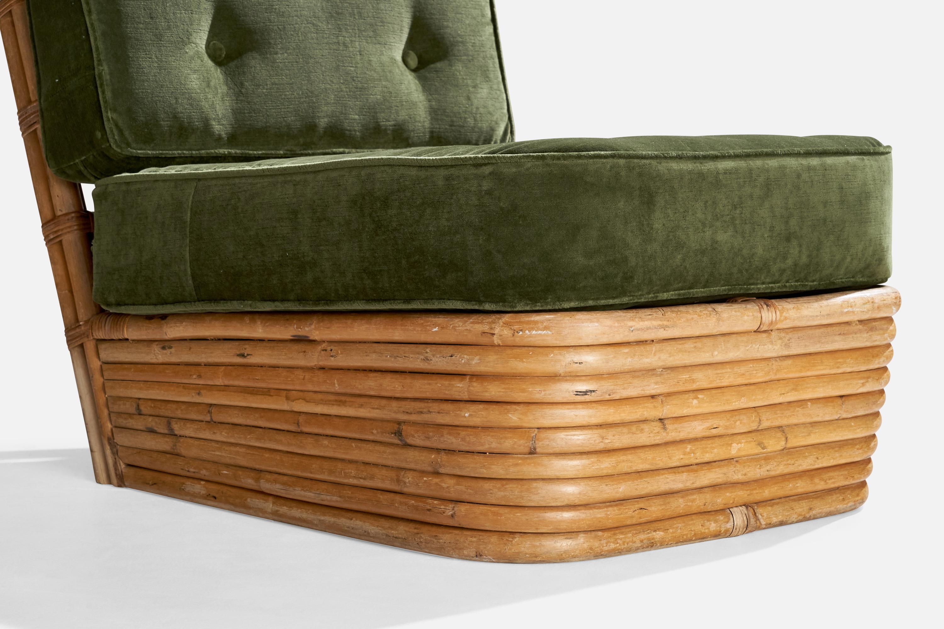 Mid-20th Century American Designer, Slipper Chairs, Bamboo, Rattan, Velvet, USA, 1950s