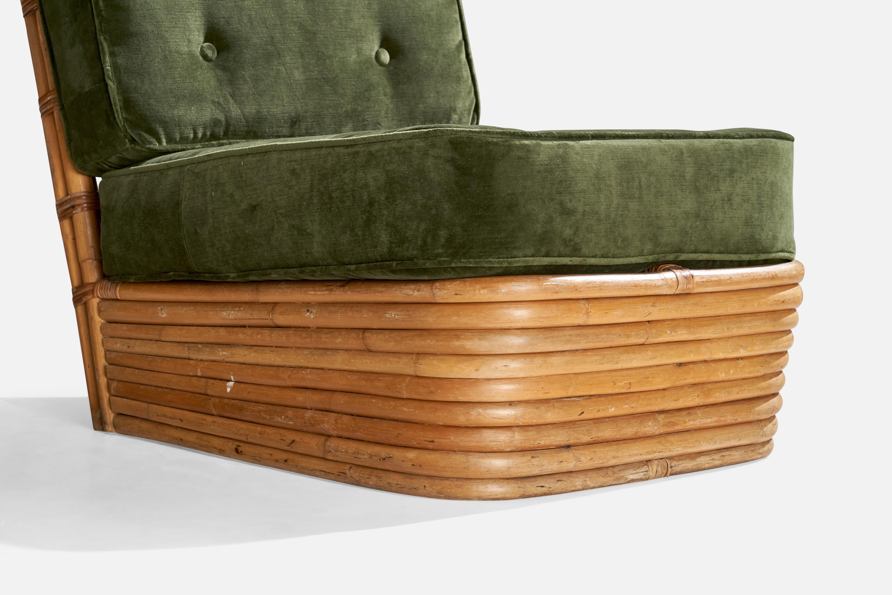 American Designer, Slipper Chairs, Bamboo, Rattan, Velvet, USA, 1950s For Sale 1