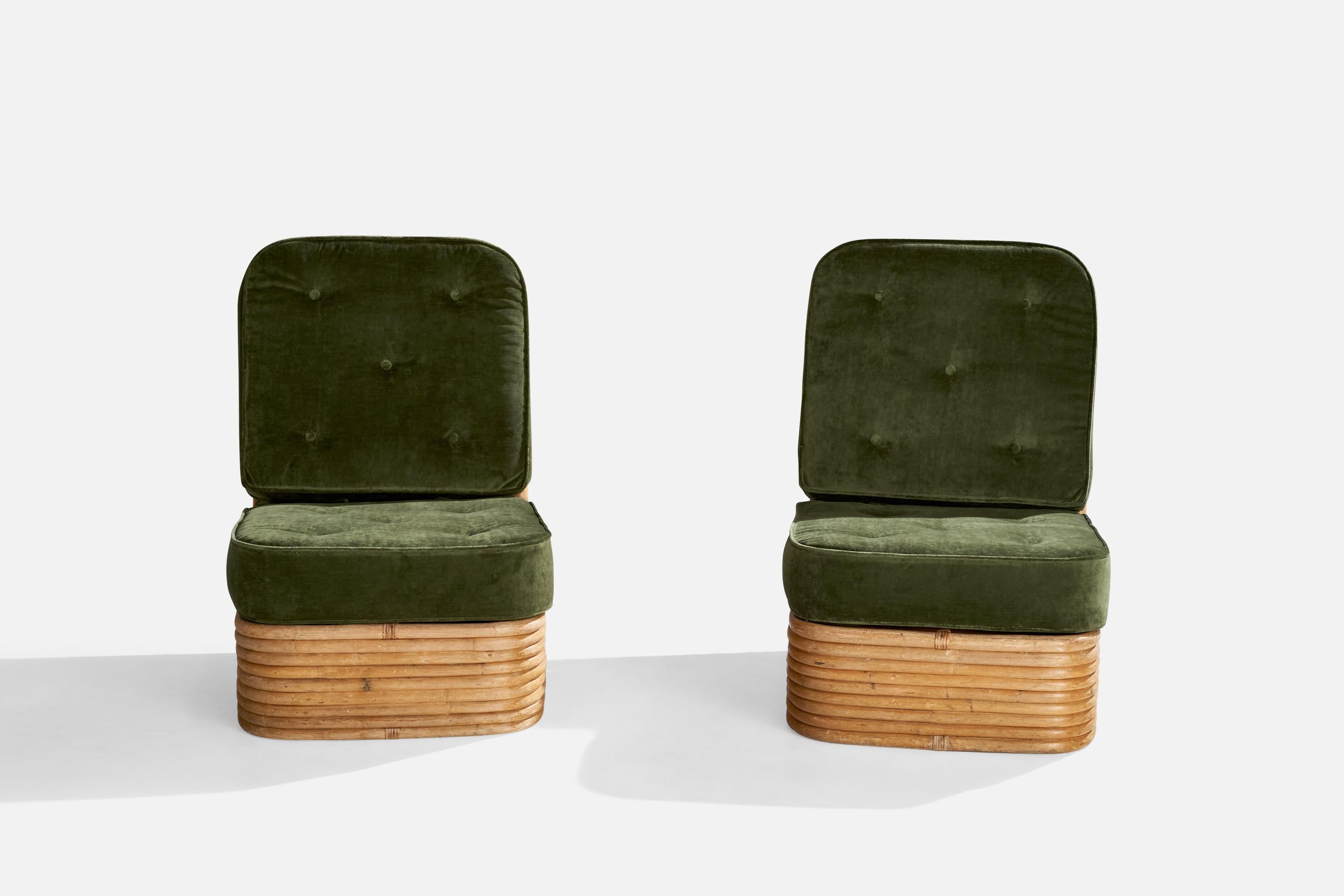 American Designer, Slipper Chairs, Bamboo, Rattan, Velvet, USA, 1950s 1